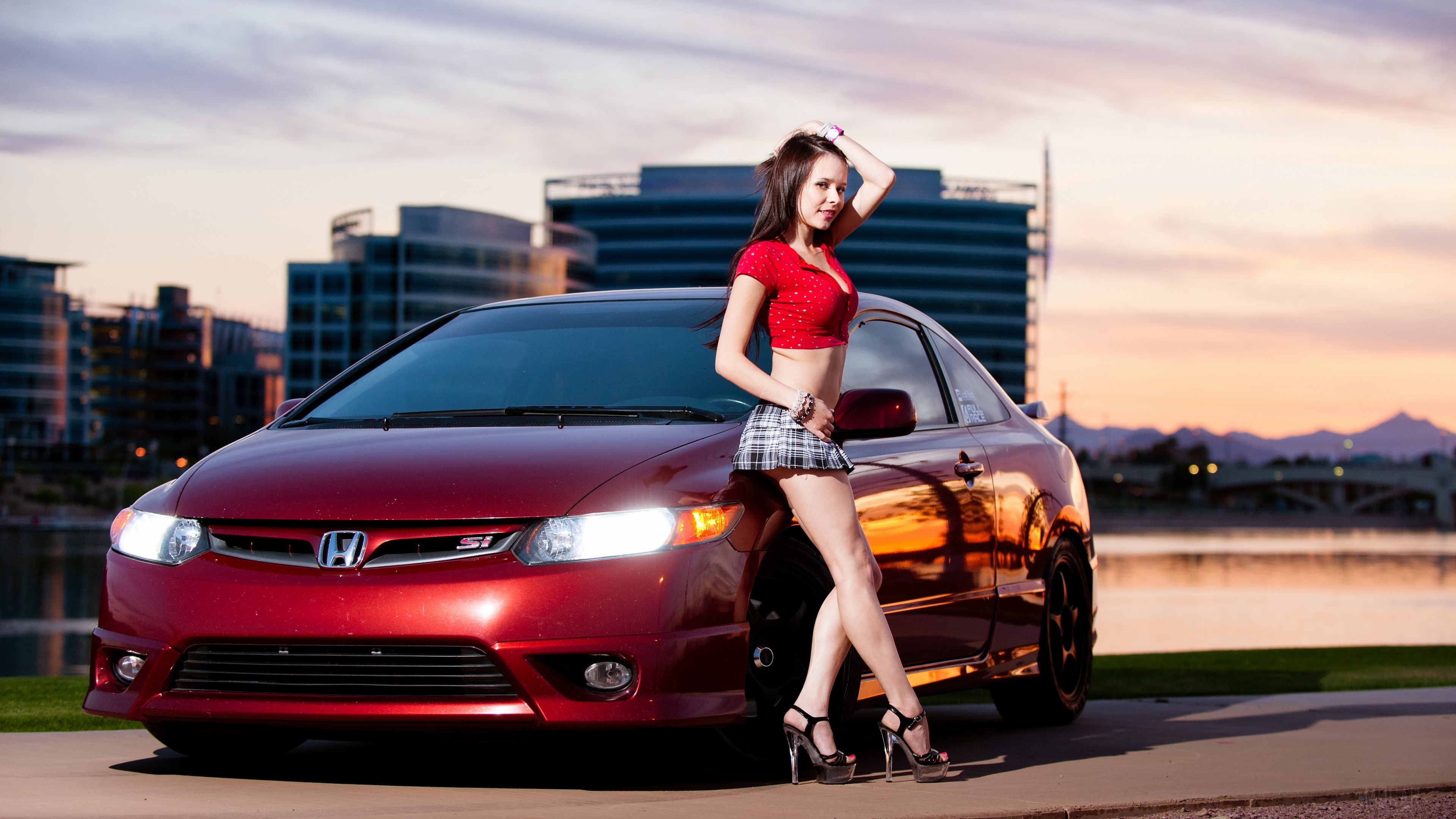 Woman posing with red Honda Civic Si HD Wallpaper