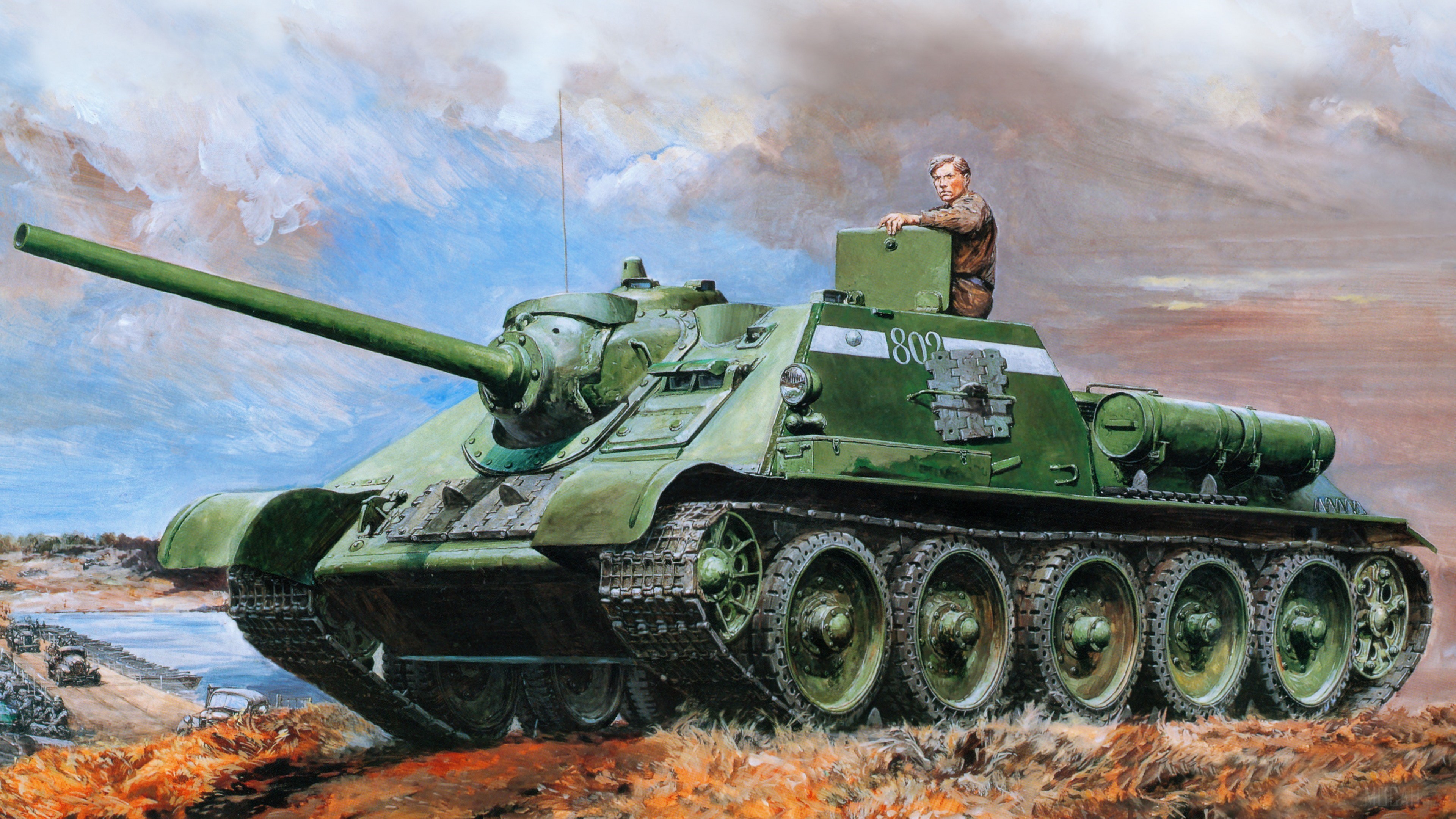 Soviet SU-100 tank with crew member HD Wallpaper