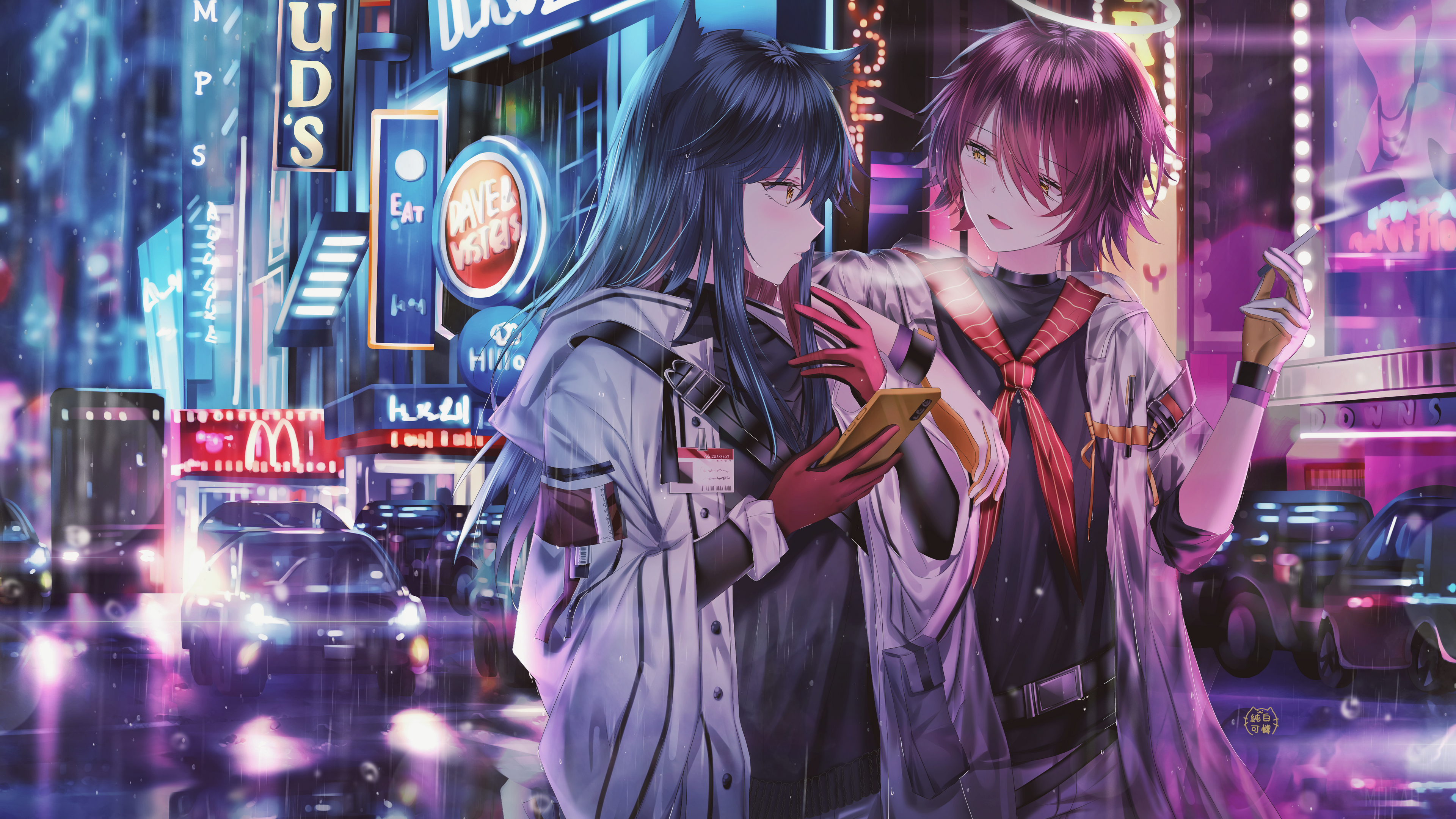 Two anime characters in a neon-lit city street at night HD Wallpaper