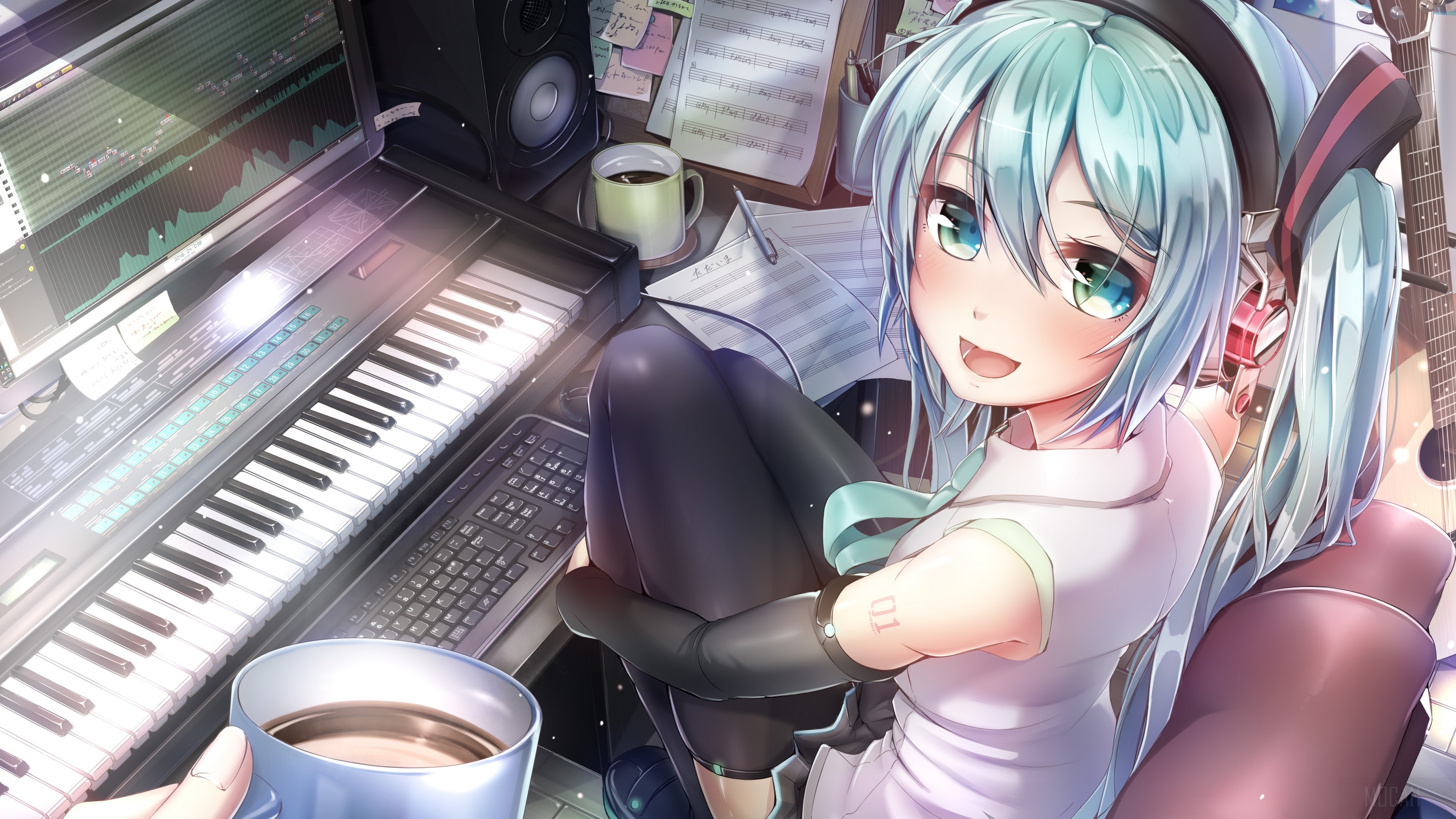 Hatsune Miku in a music studio 4K HD Wallpaper