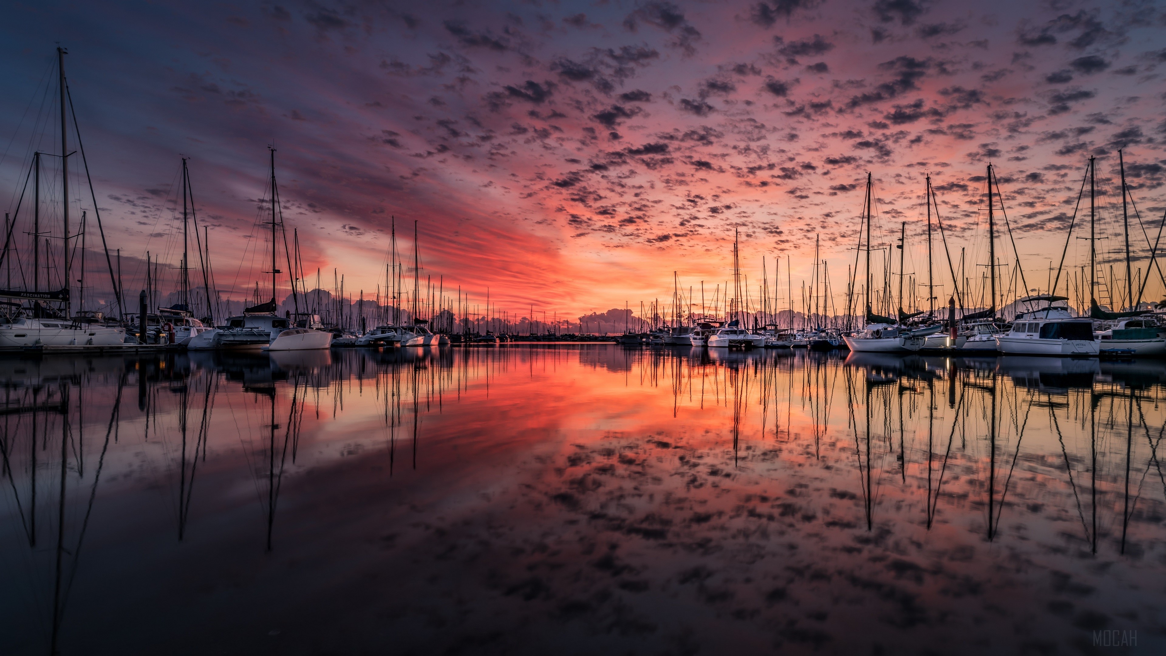 Sailboats in Harbor at Sunrise with Reflection 4K HD Wallpaper