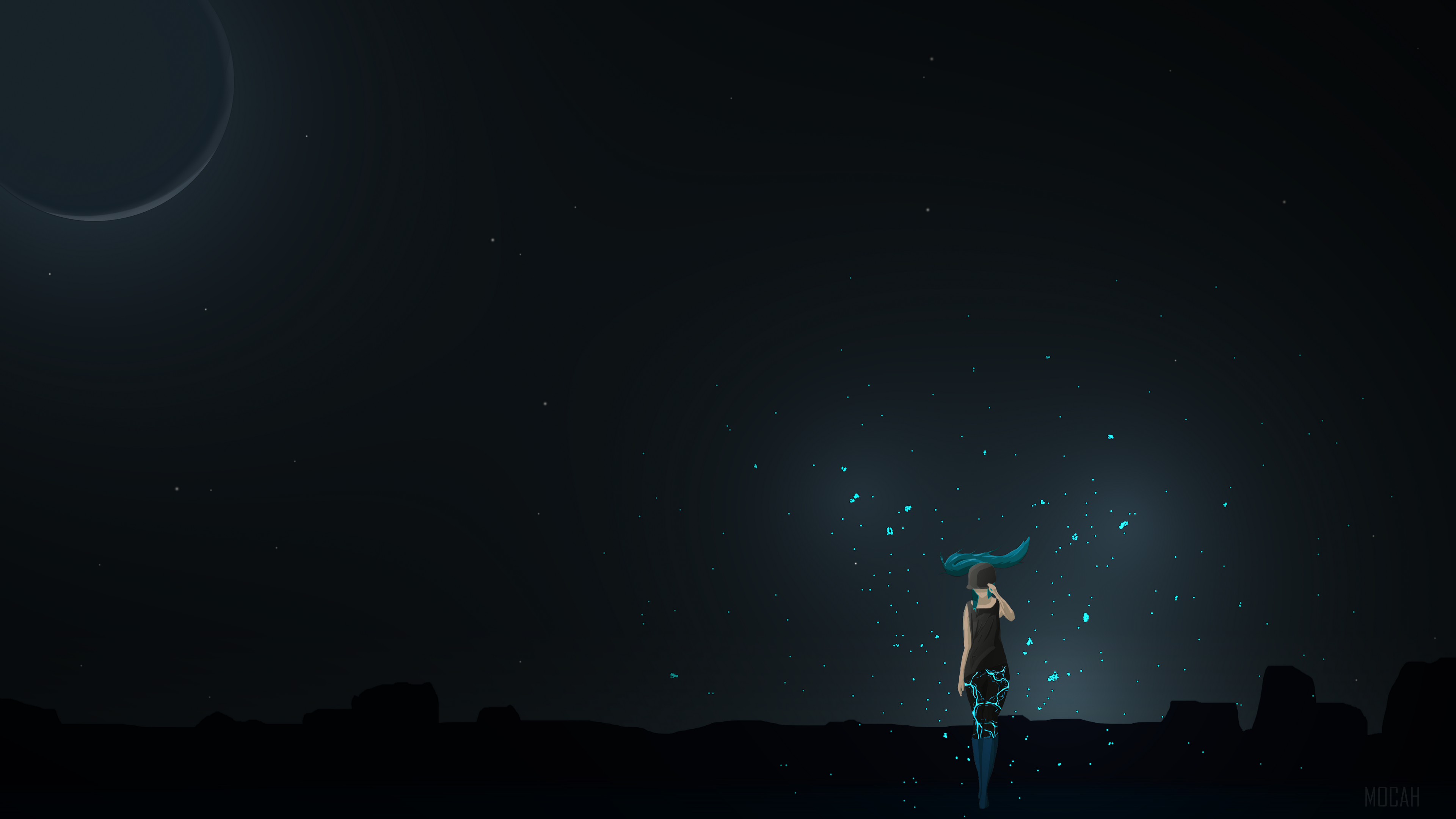 Woman in dark landscape with planet and stars 4K HD Wallpaper