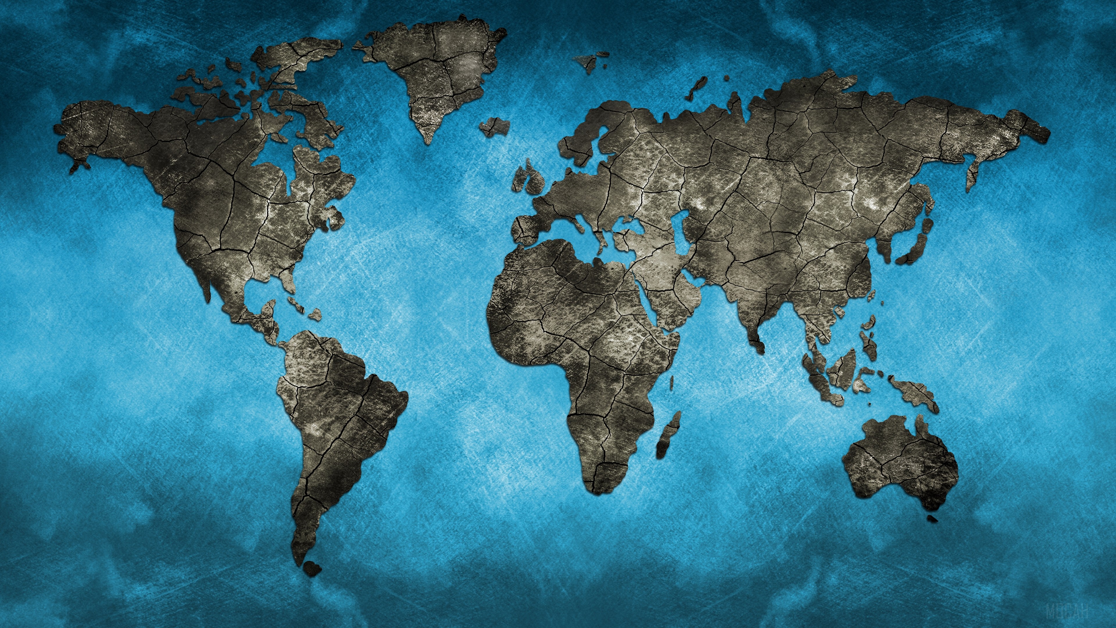 Cracked World Map on Blue Background HD Wallpaper