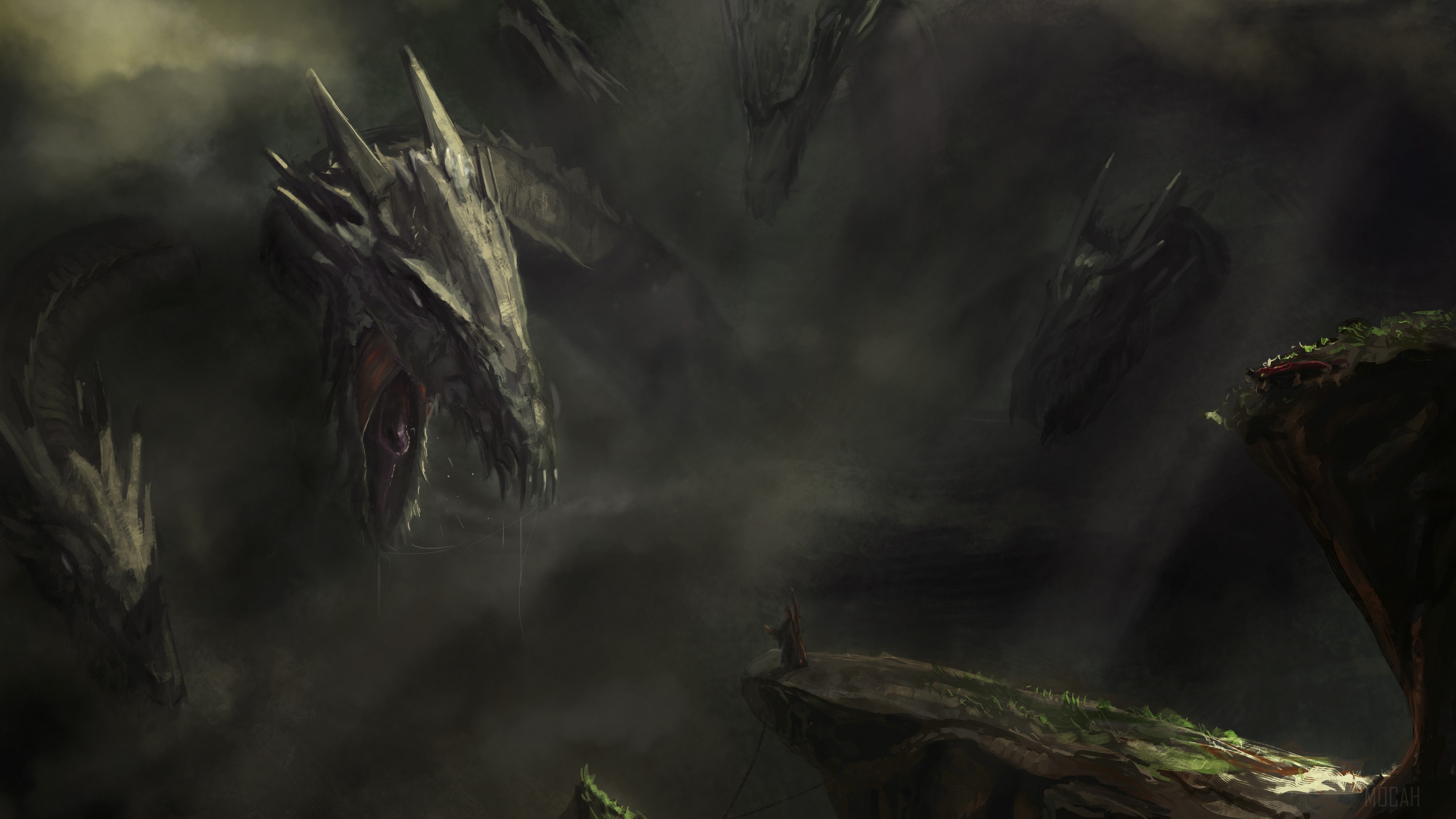 Multiple dragon heads emerging from fog HD Wallpaper