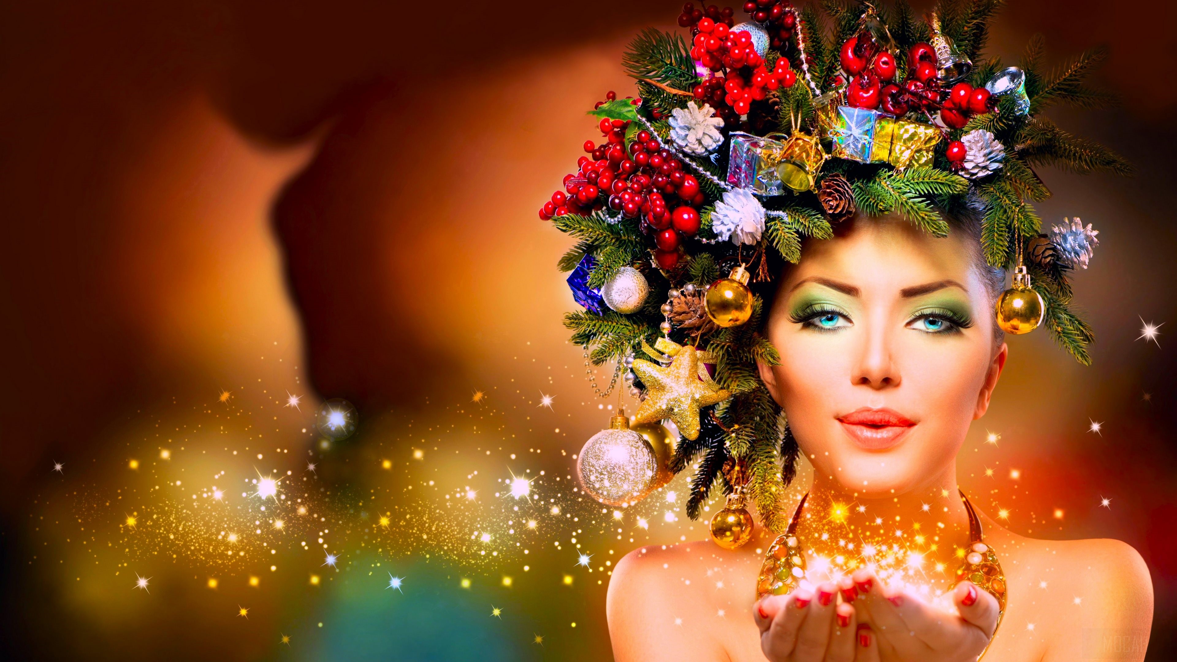 Colorful Christmas Woman with Sparkling Magic 4K HD Wallpaper