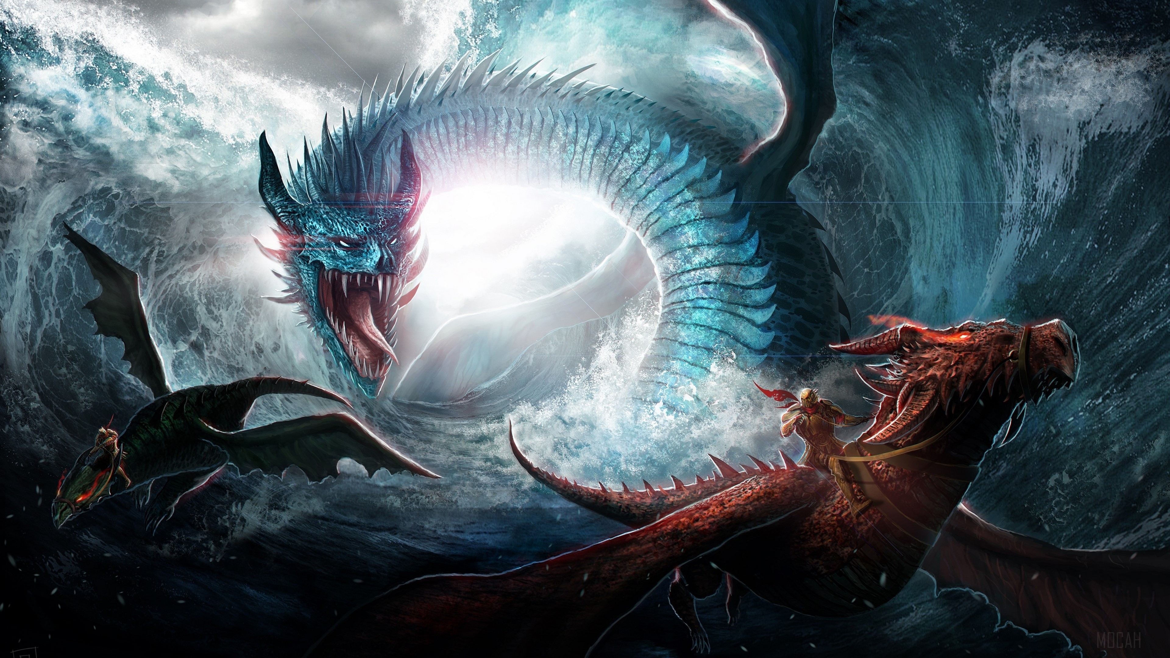 Dragons and riders in a stormy sea HD Wallpaper