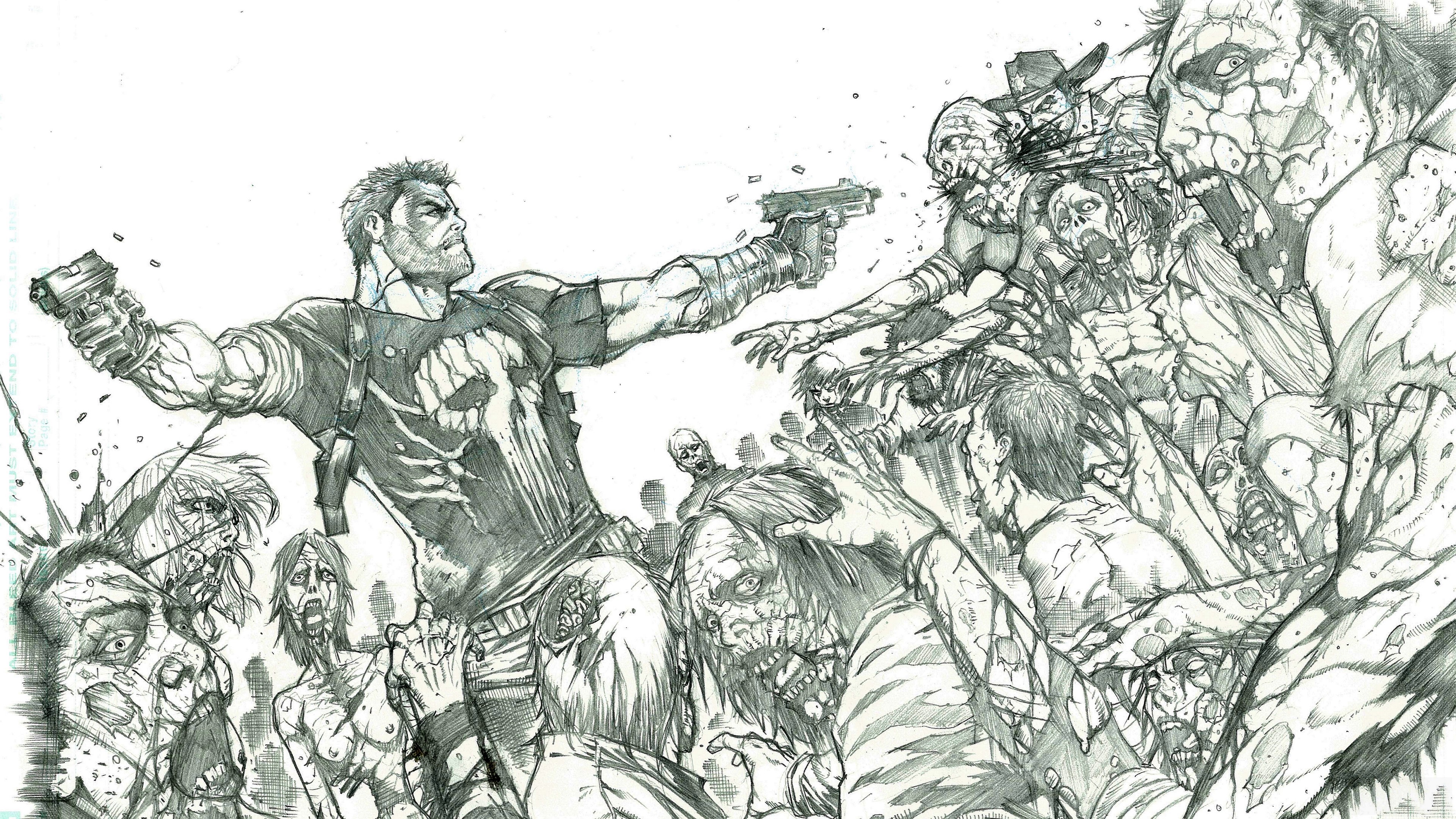 The Punisher fighting zombies HD Wallpaper