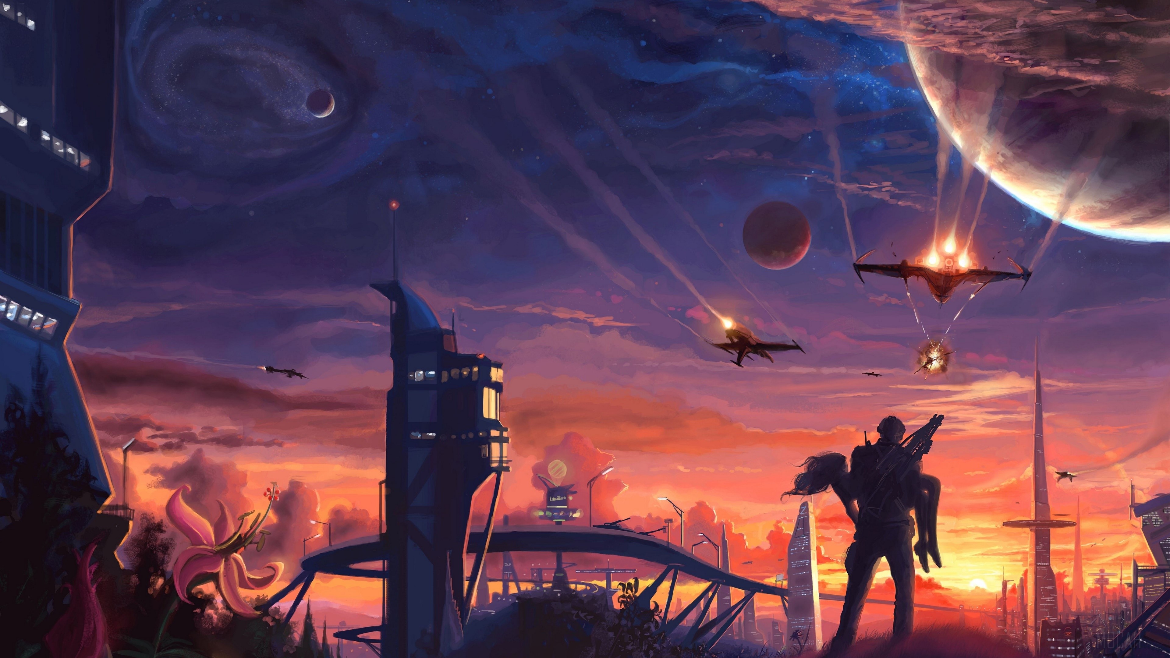 Sci-fi city with spaceships and a couple HD Wallpaper