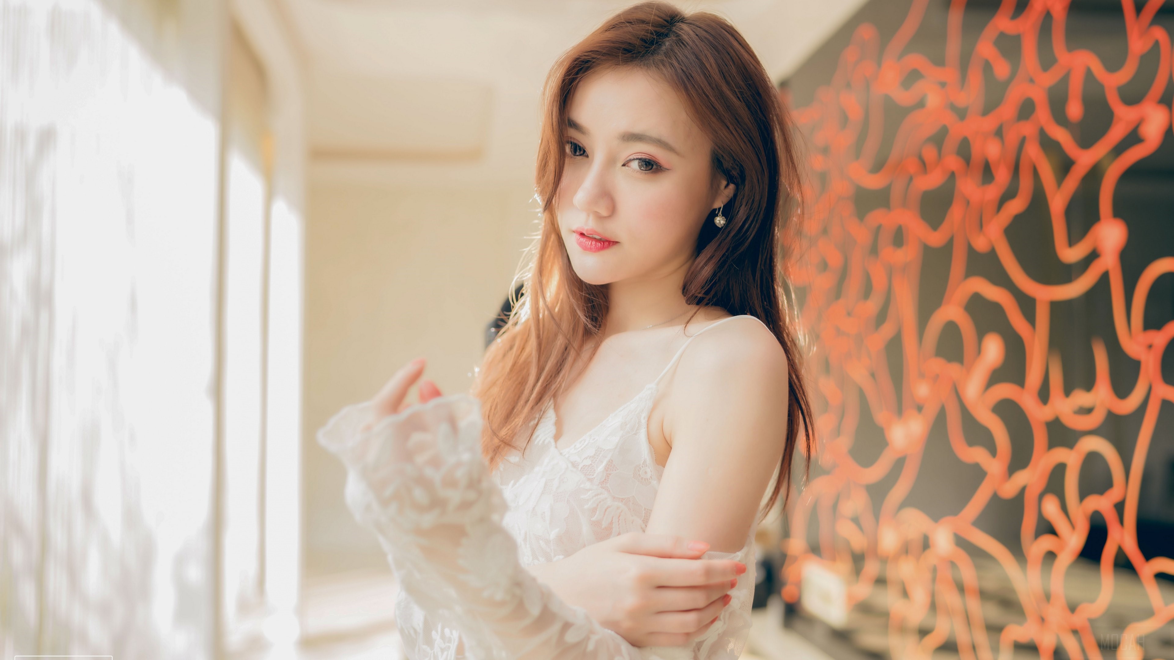 Woman in white lace lingerie by window HD Wallpaper