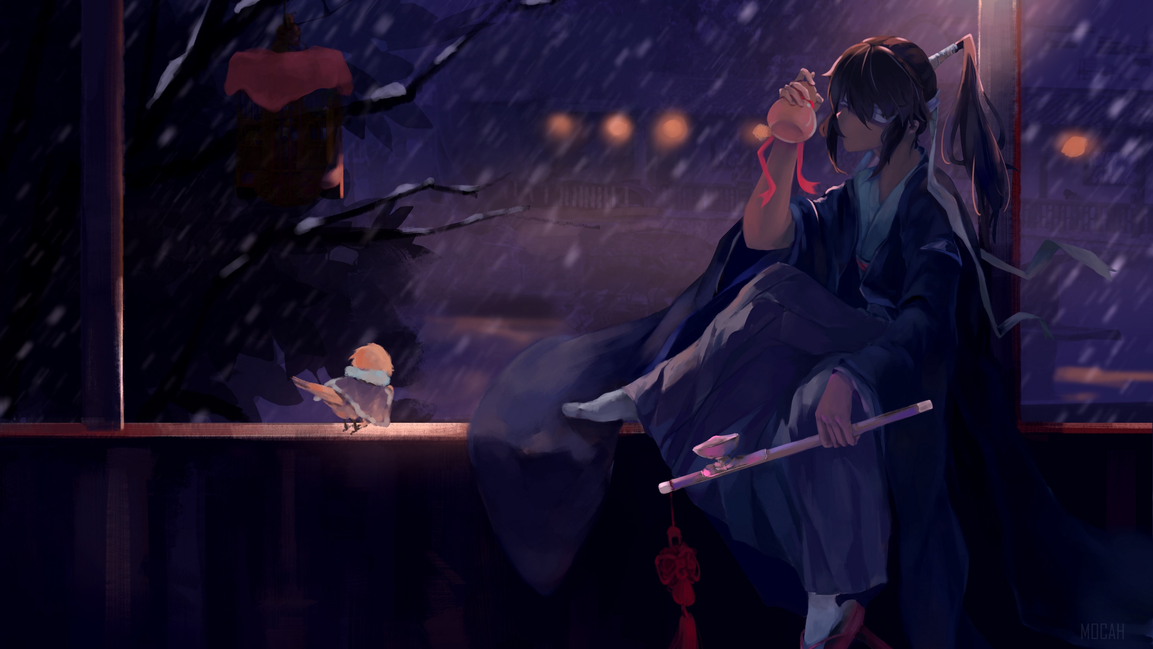 Man in Kimono with Bird in Snow 4K HD Wallpaper