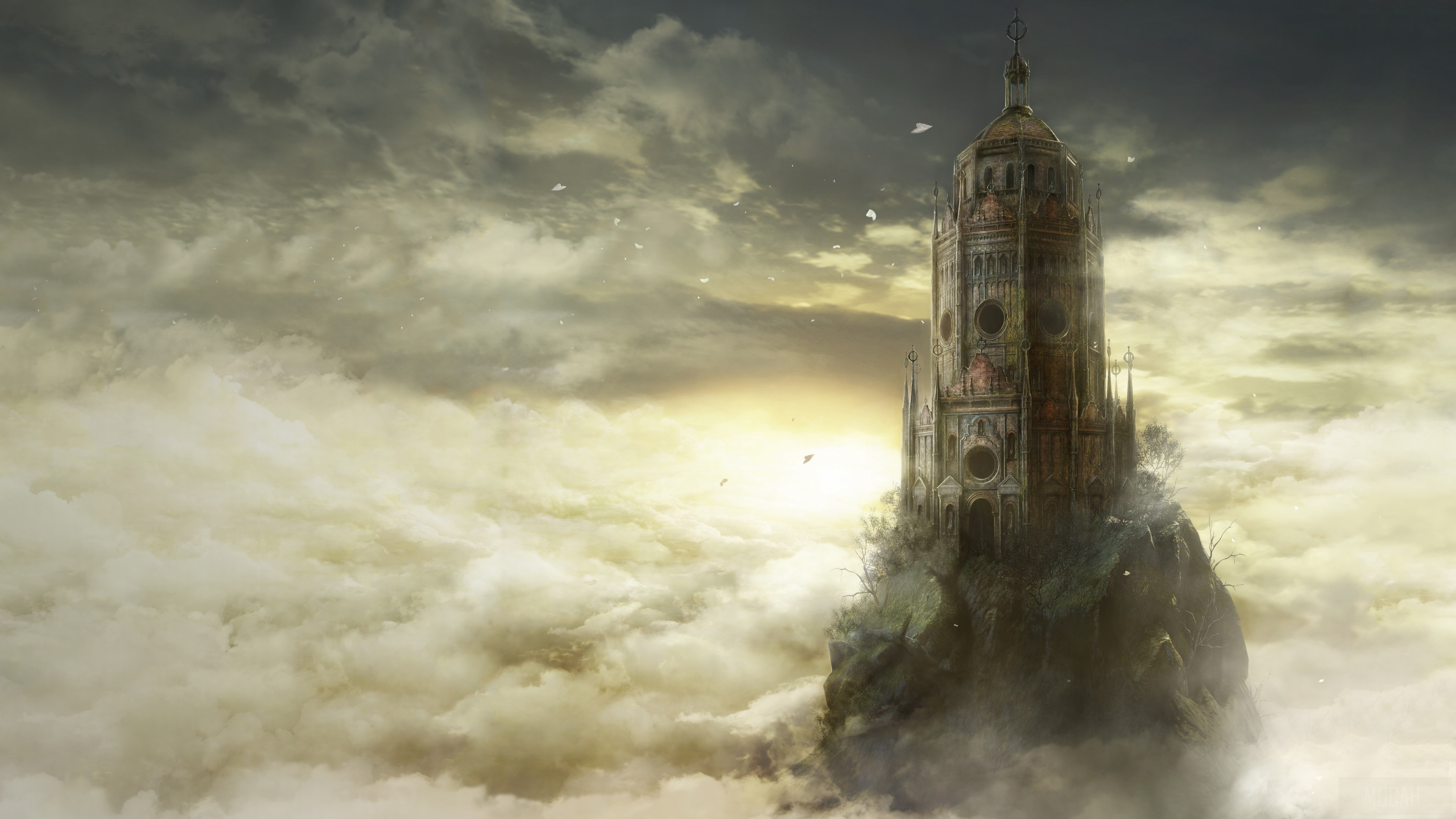 Tower on a cliff in the clouds HD Wallpaper