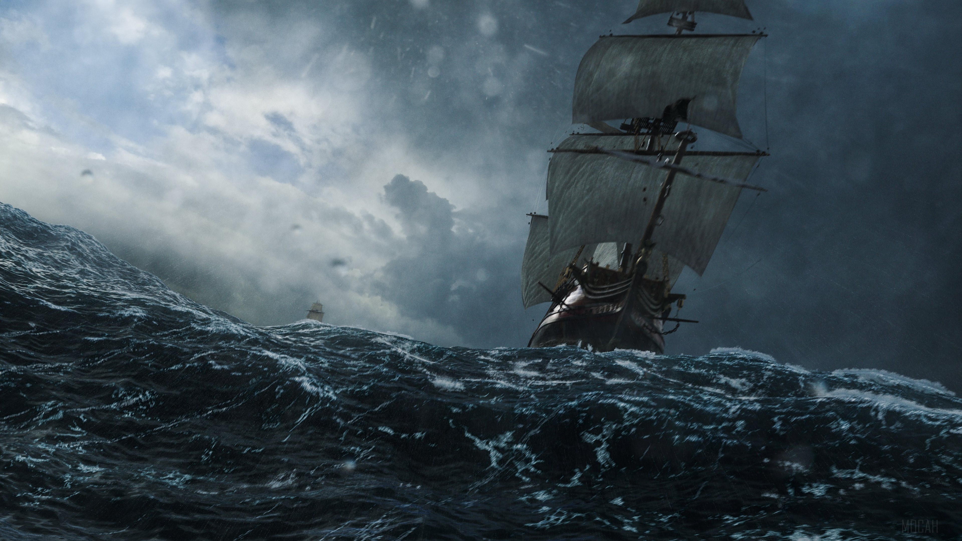 Sailing Ship in a Stormy Ocean HD Wallpaper