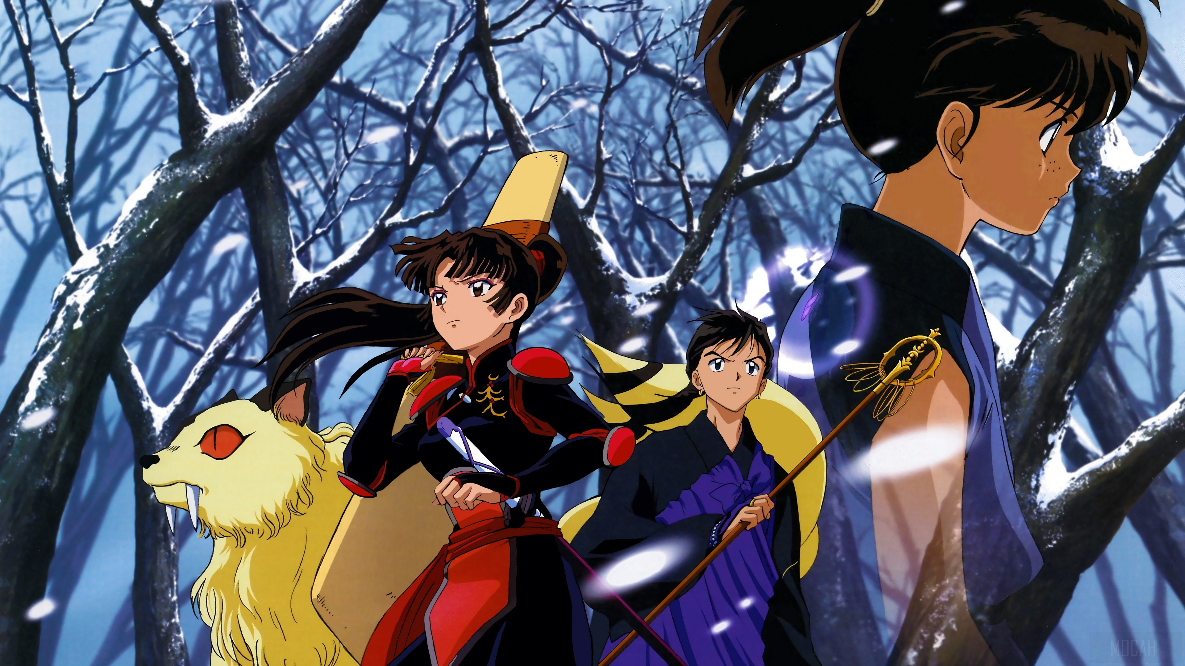 Kagome, Sango, Shippo, and Miroku from InuYasha in a snowy forest HD Wallpaper