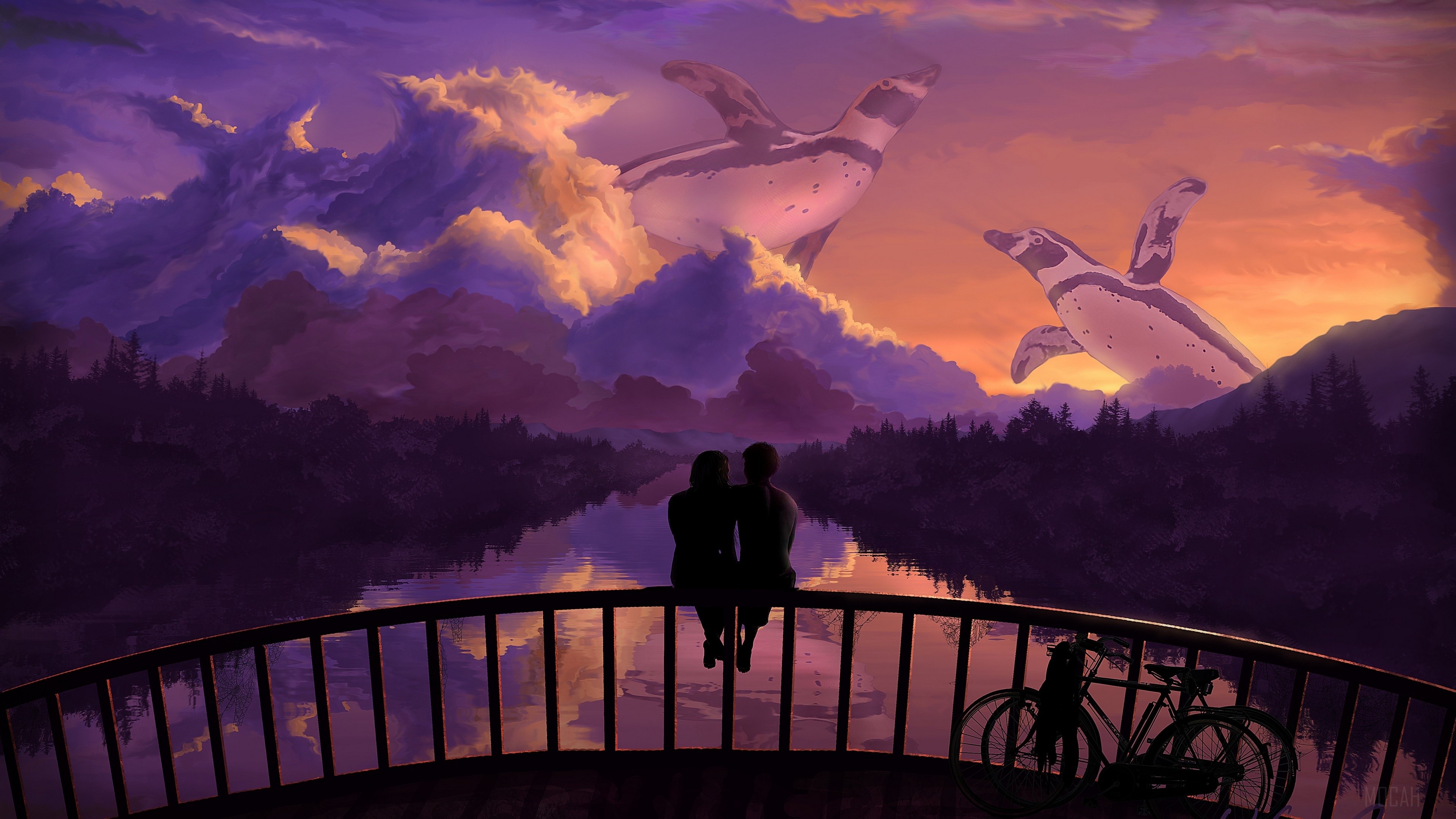 Couple on Bridge Watching Flying Penguins in Purple Sky 4K HD Wallpaper