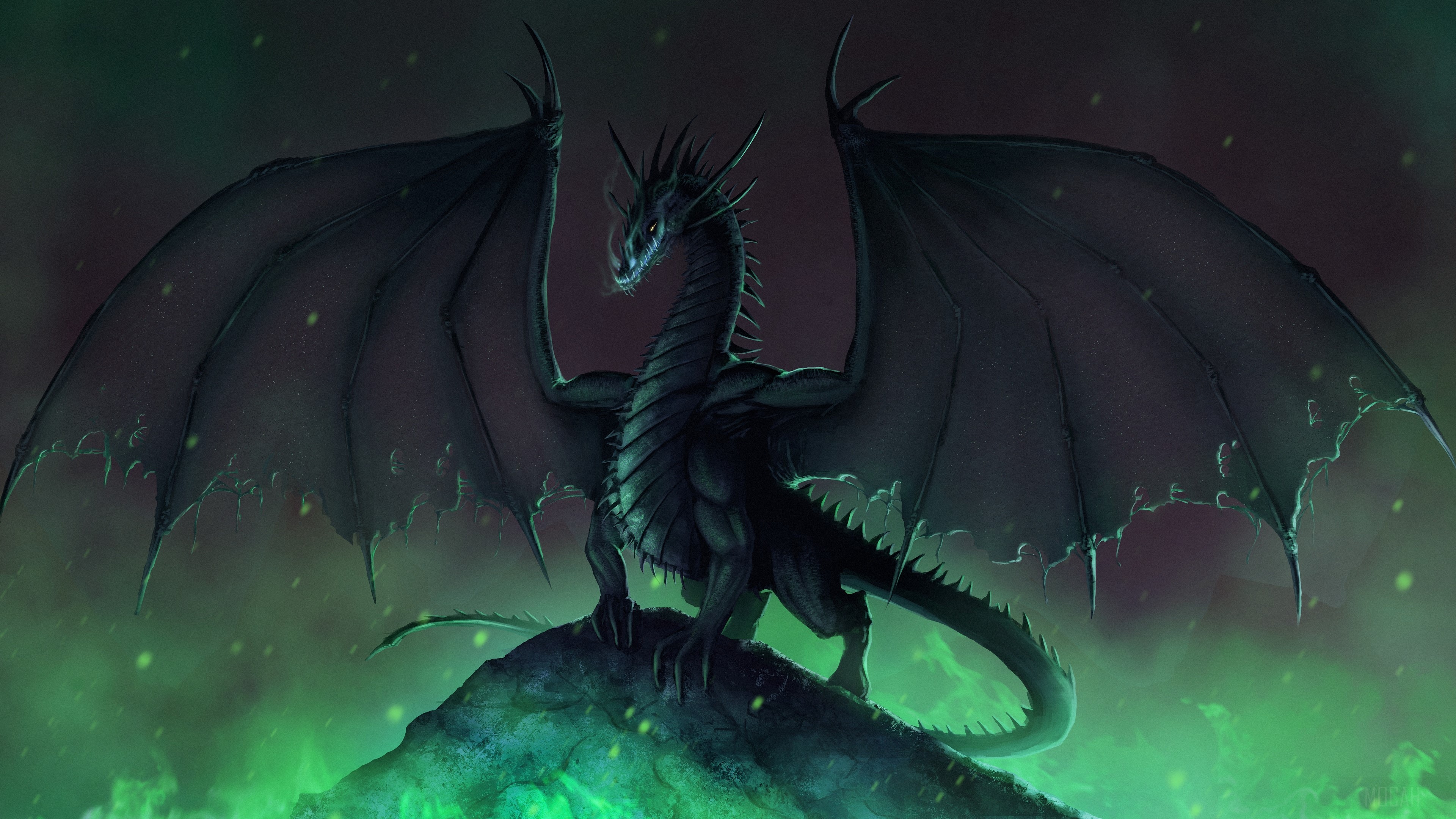 Black Dragon on Rocky Outcrop with Green Mist HD Wallpaper