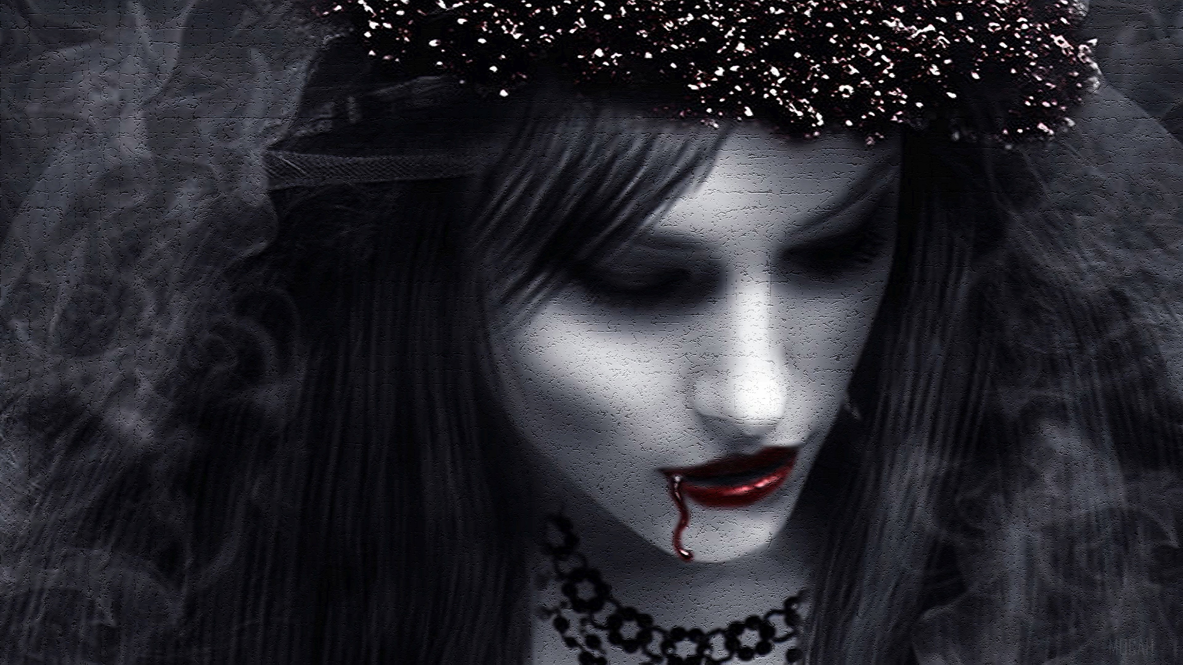 Gothic woman with blood dripping from lips HD Wallpaper