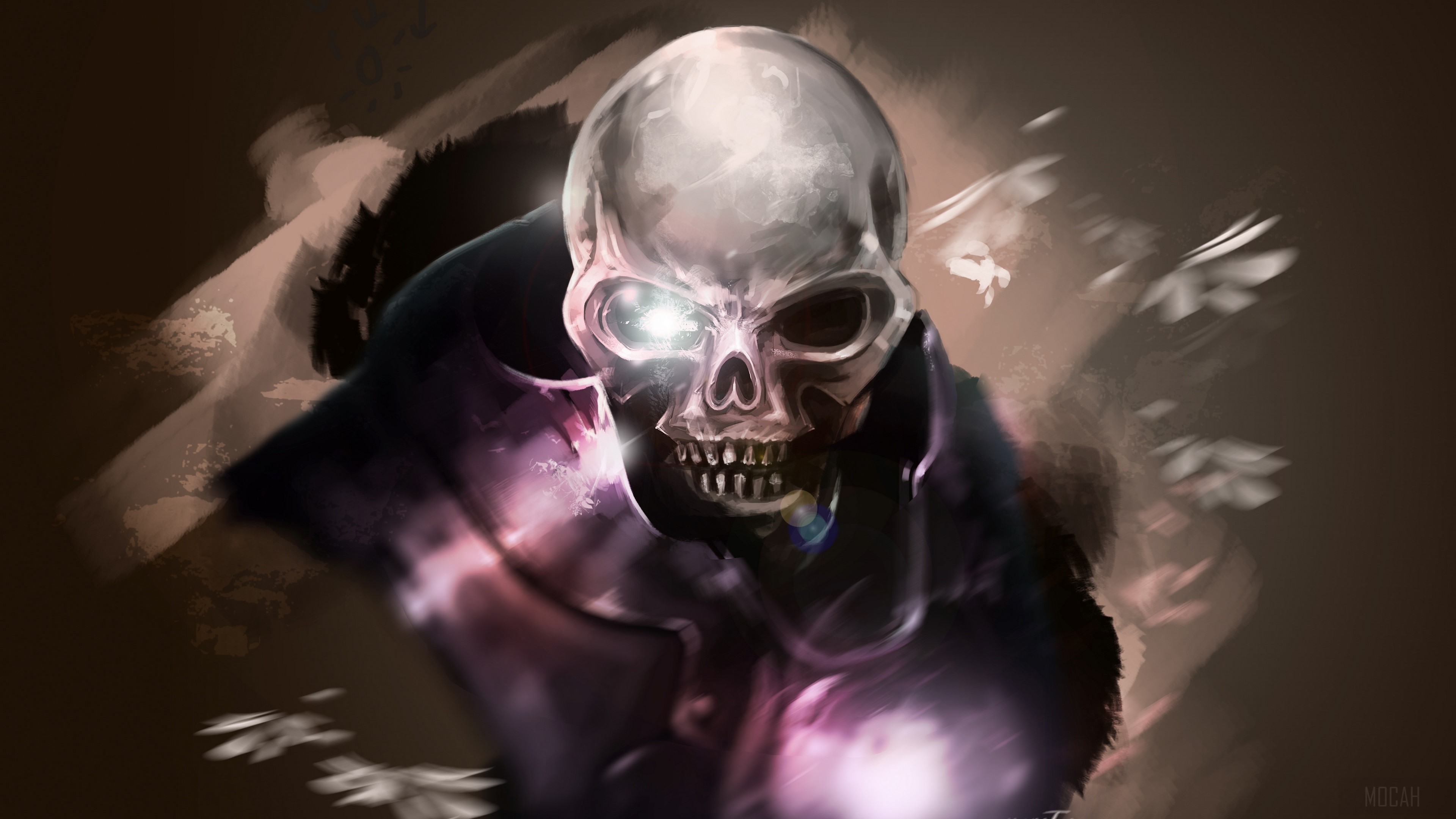 Skeleton with glowing eyes in dark attire HD Wallpaper