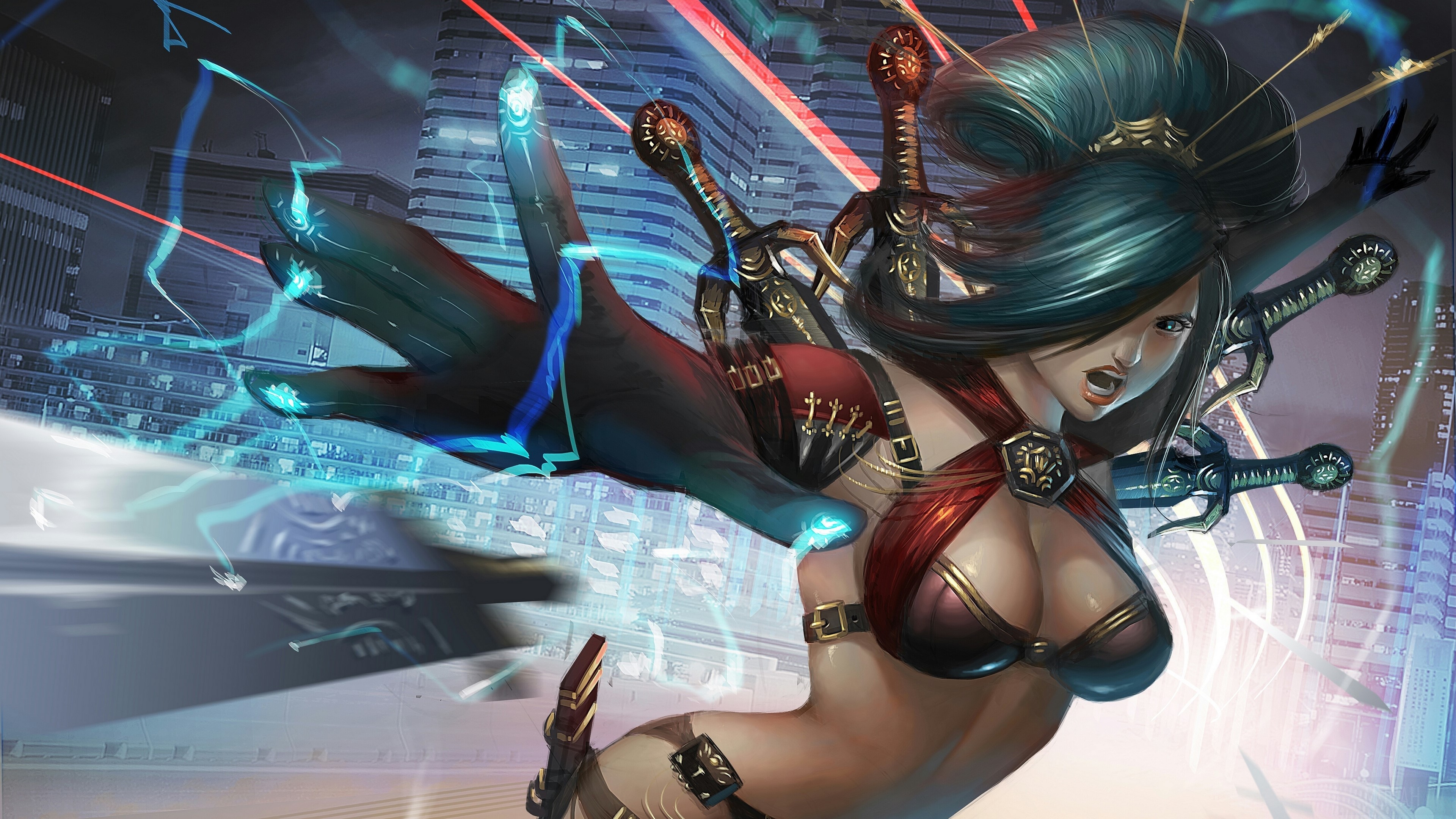 4K Cyberpunk Woman with Swords HD Wallpaper