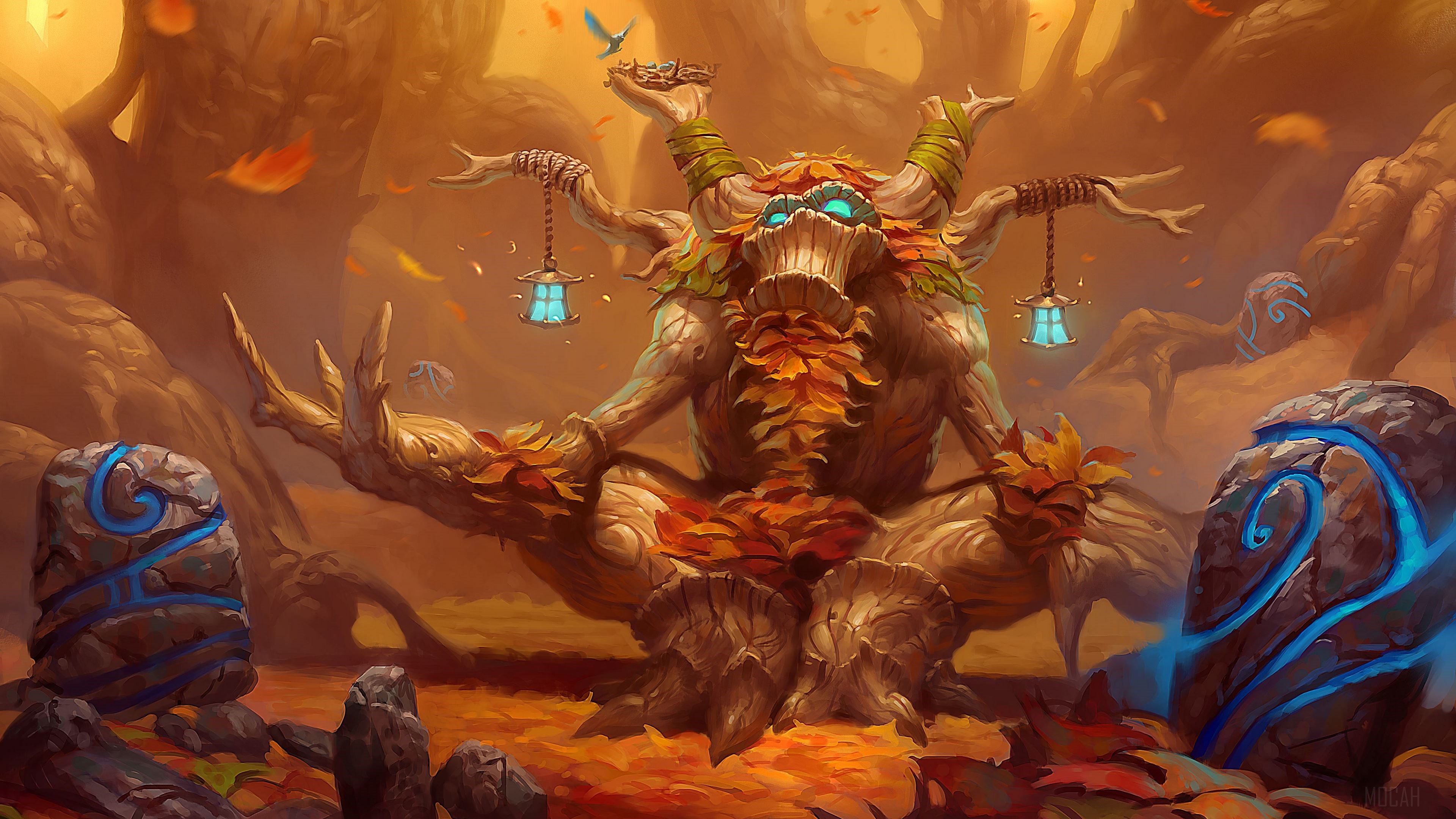 Ancient Treant with Lanterns and Runestones HD Wallpaper