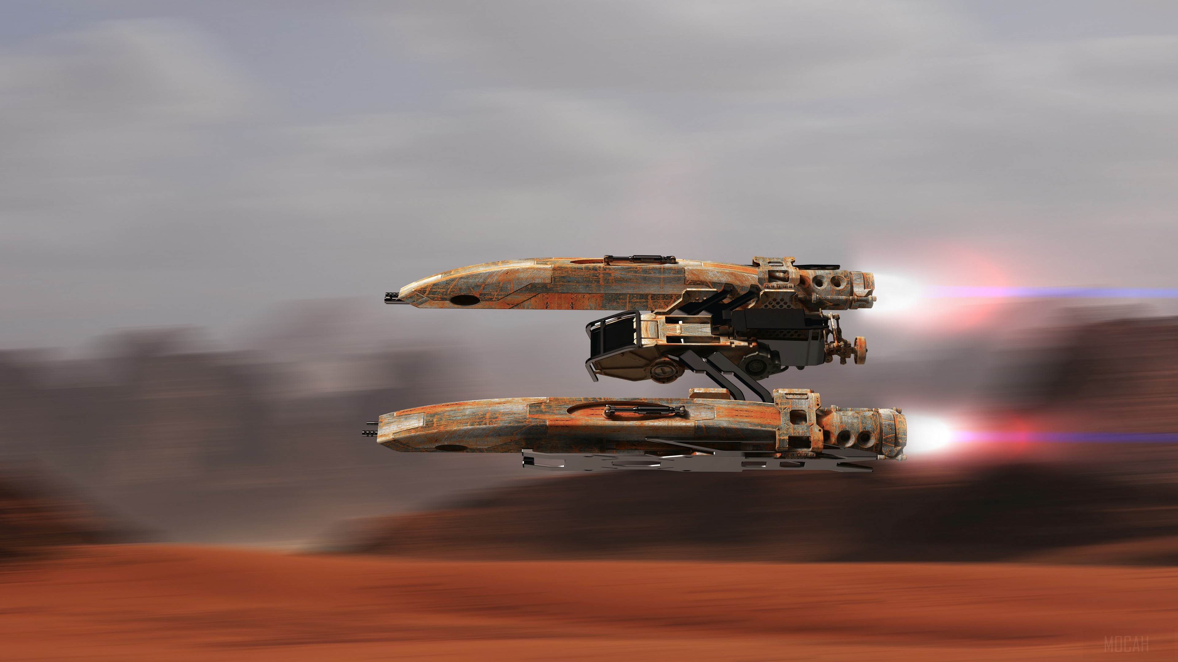 Two rusty spaceships flying over a desert landscape HD Wallpaper