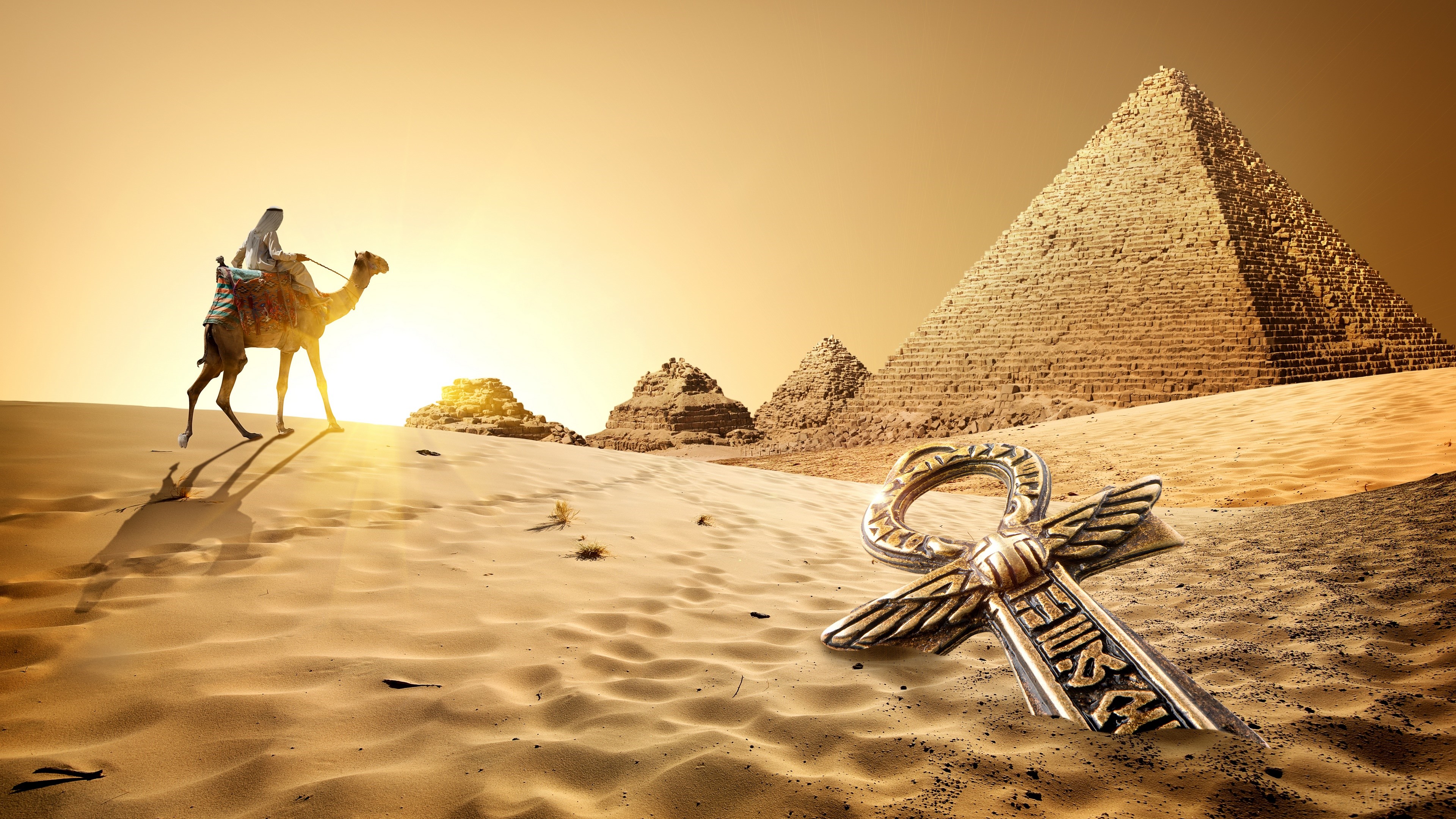Egyptian Desert with Camel and Pyramid 4K HD Wallpaper