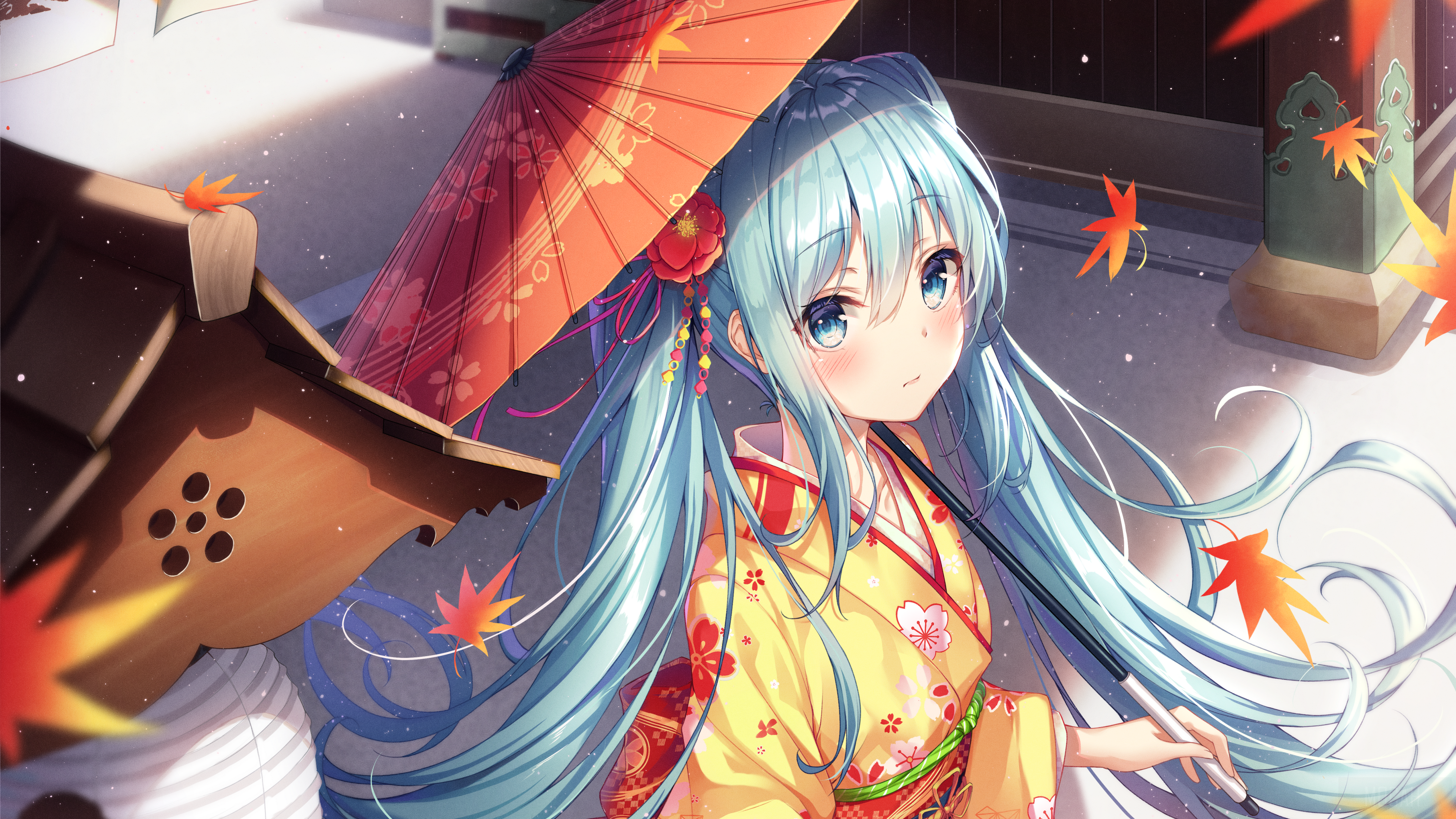 Hatsune Miku in Kimono with Umbrella and Maple Leaves 4K HD Wallpaper