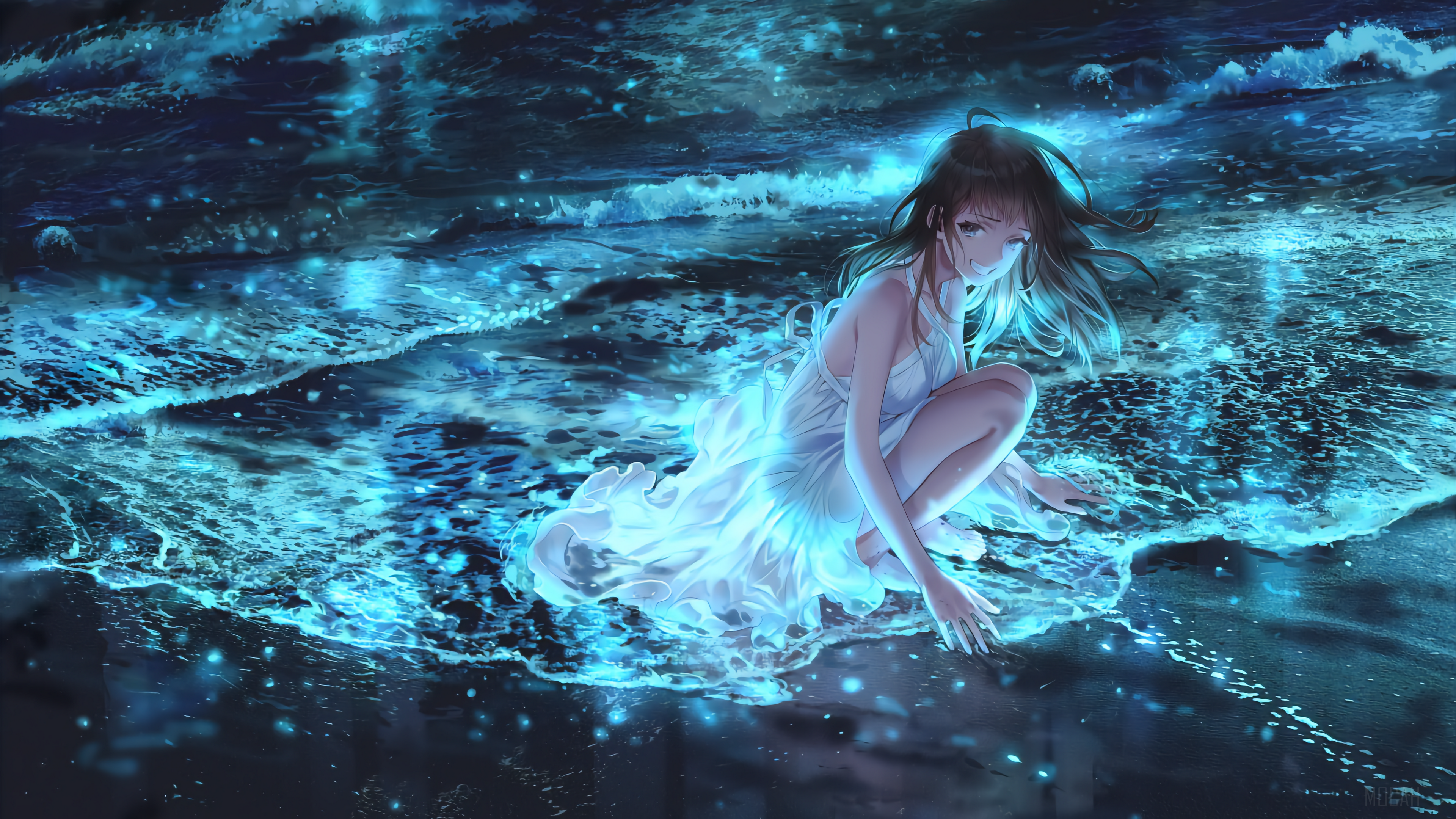 Girl in white dress by the ocean at night HD Wallpaper