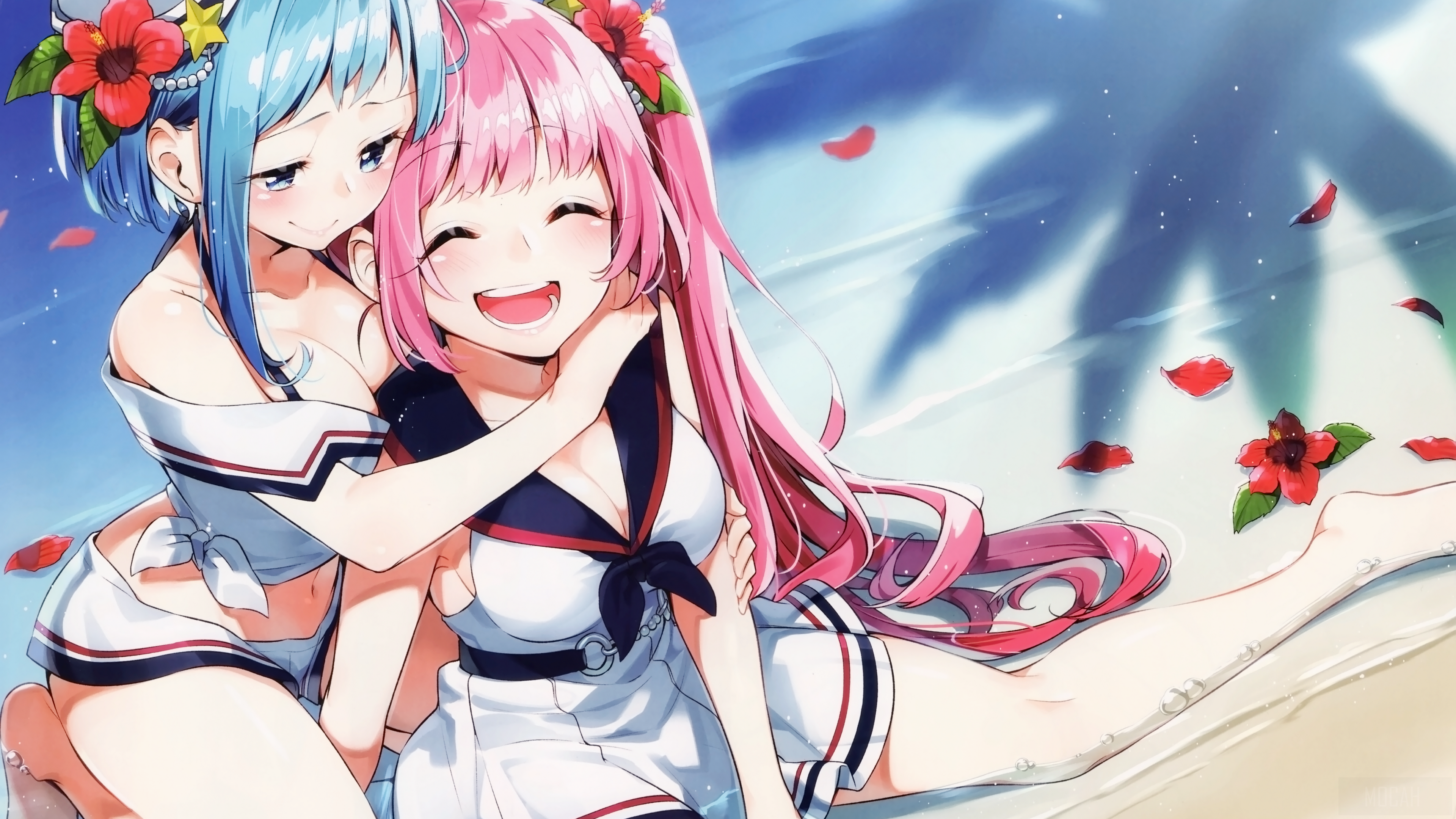 Two anime girls in swimsuits embracing HD Wallpaper
