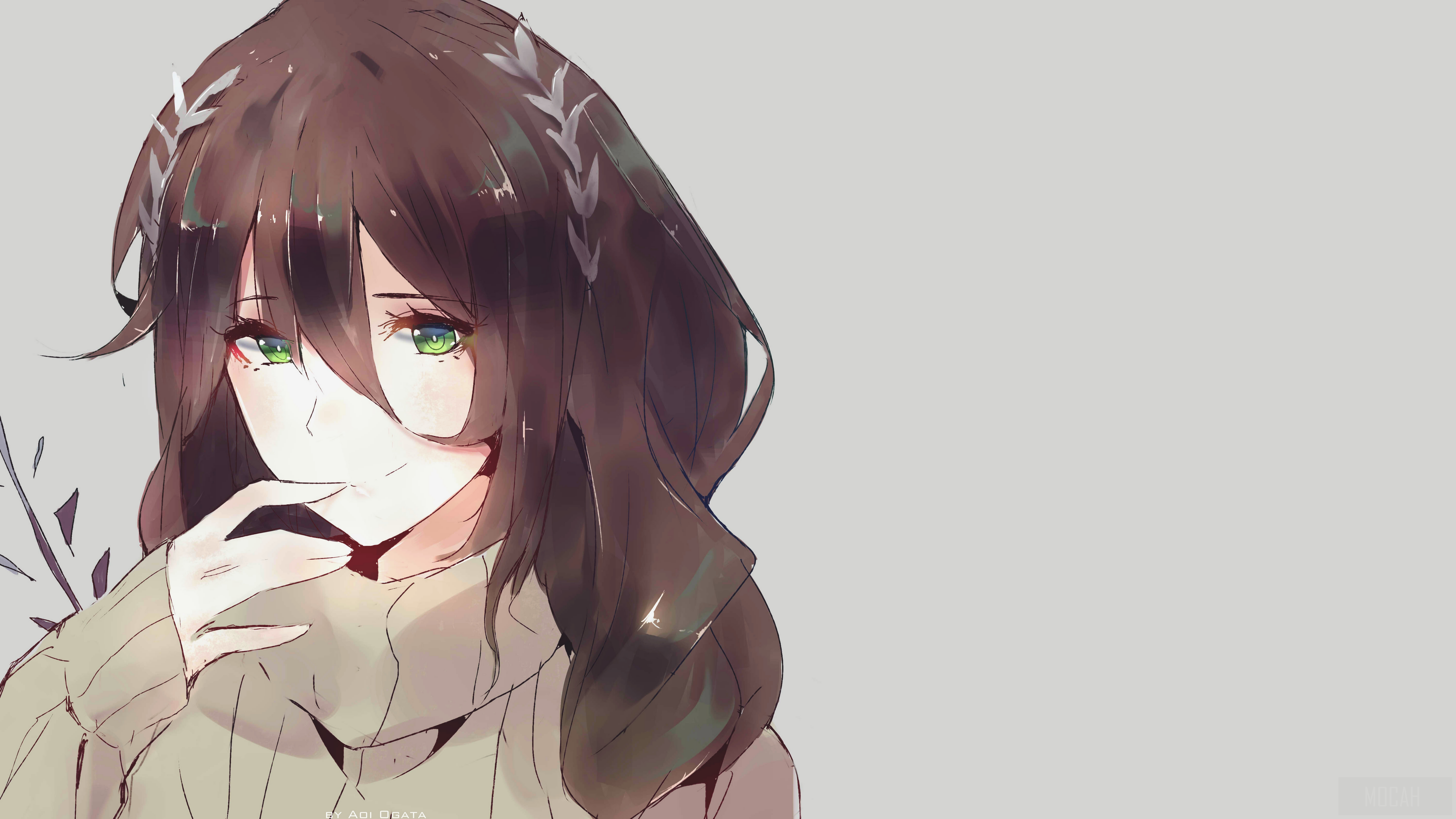Anime girl with brown hair and green eyes HD Wallpaper