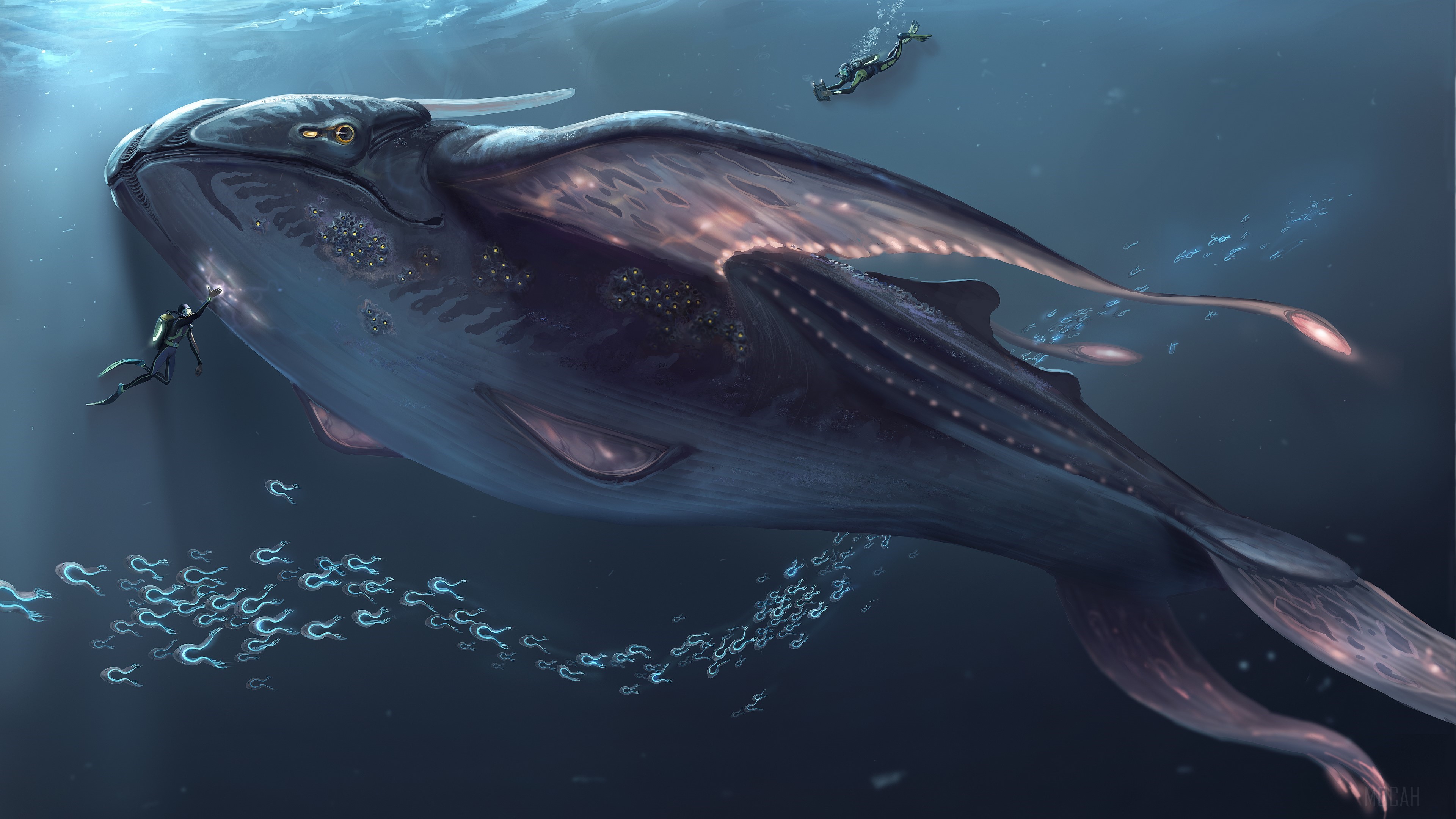 Giant alien whale with divers and bioluminescent creatures HD Wallpaper