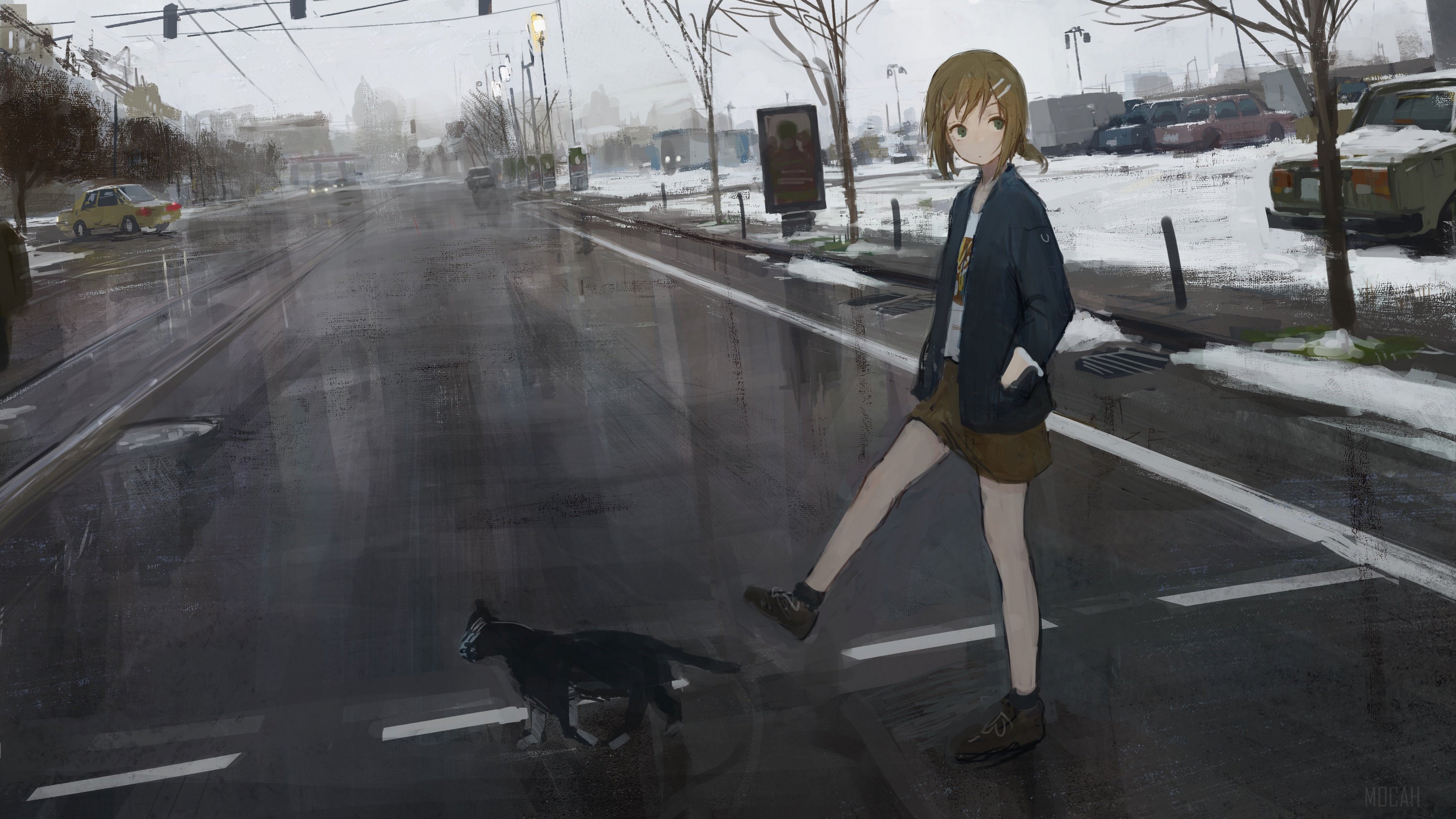 Girl and cat crossing a wet street HD Wallpaper