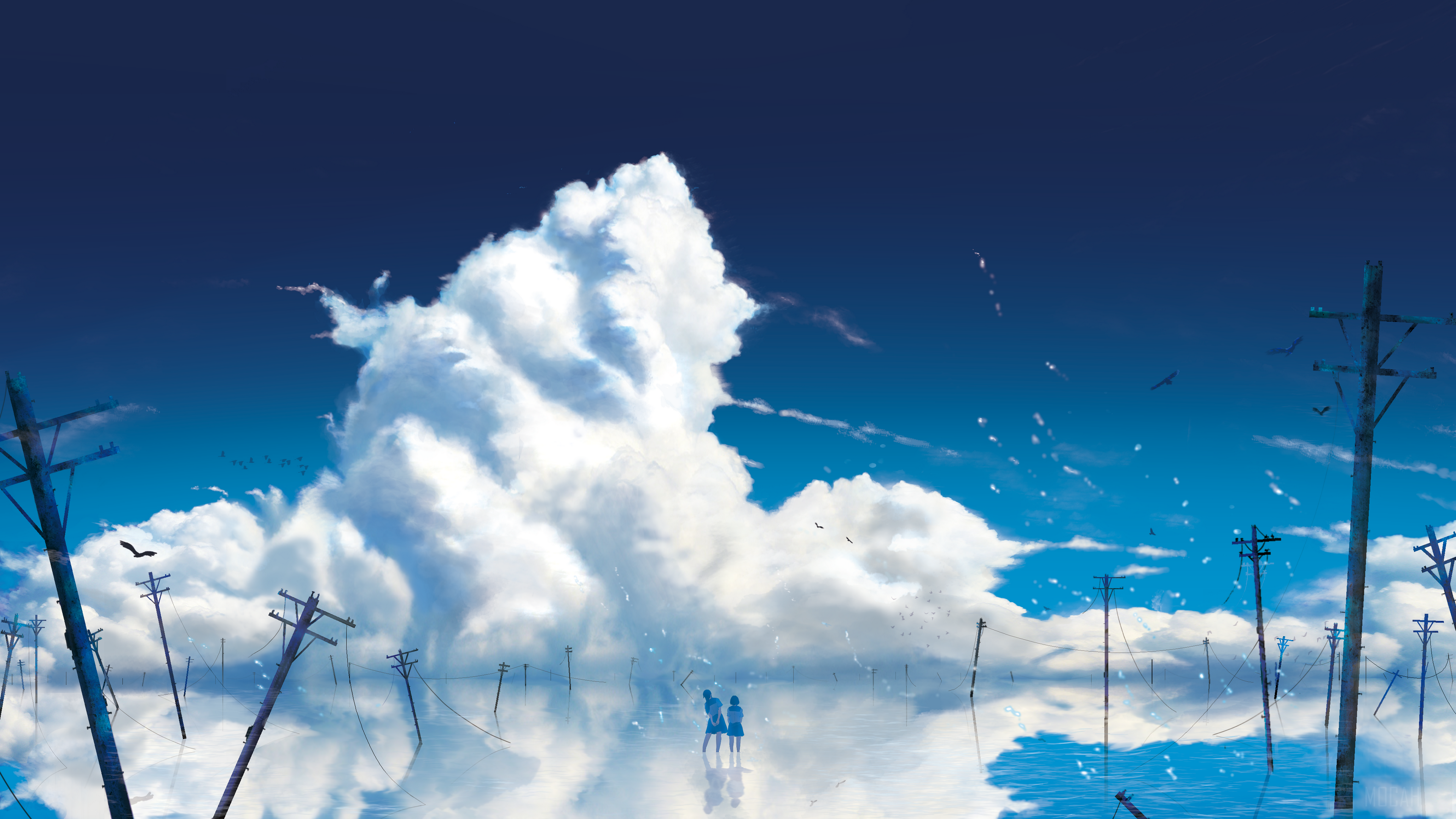 Two figures reflected in water with telephone poles and clouds HD Wallpaper