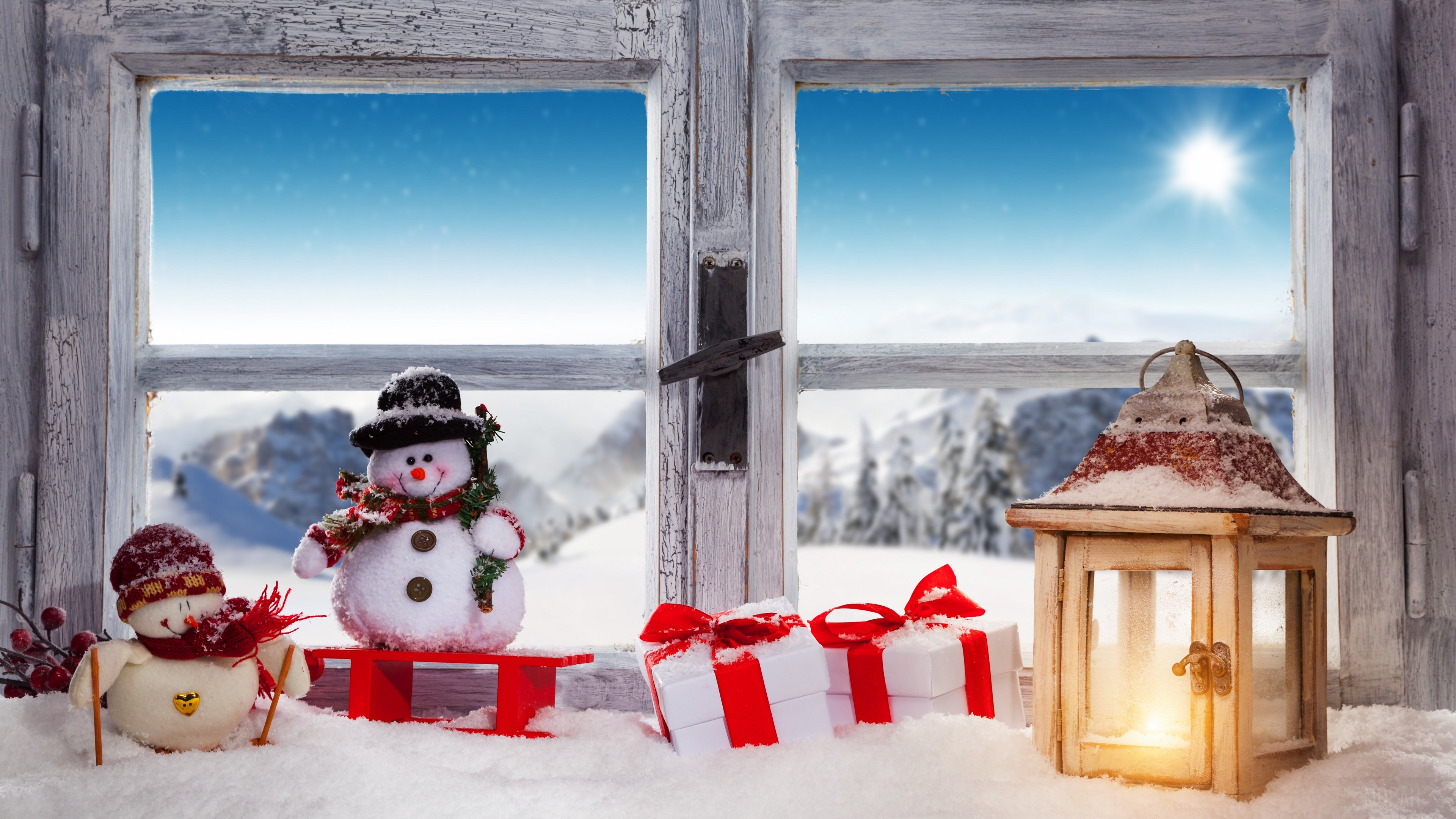 Christmas Window Scene with Snowmen and Gifts HD Wallpaper