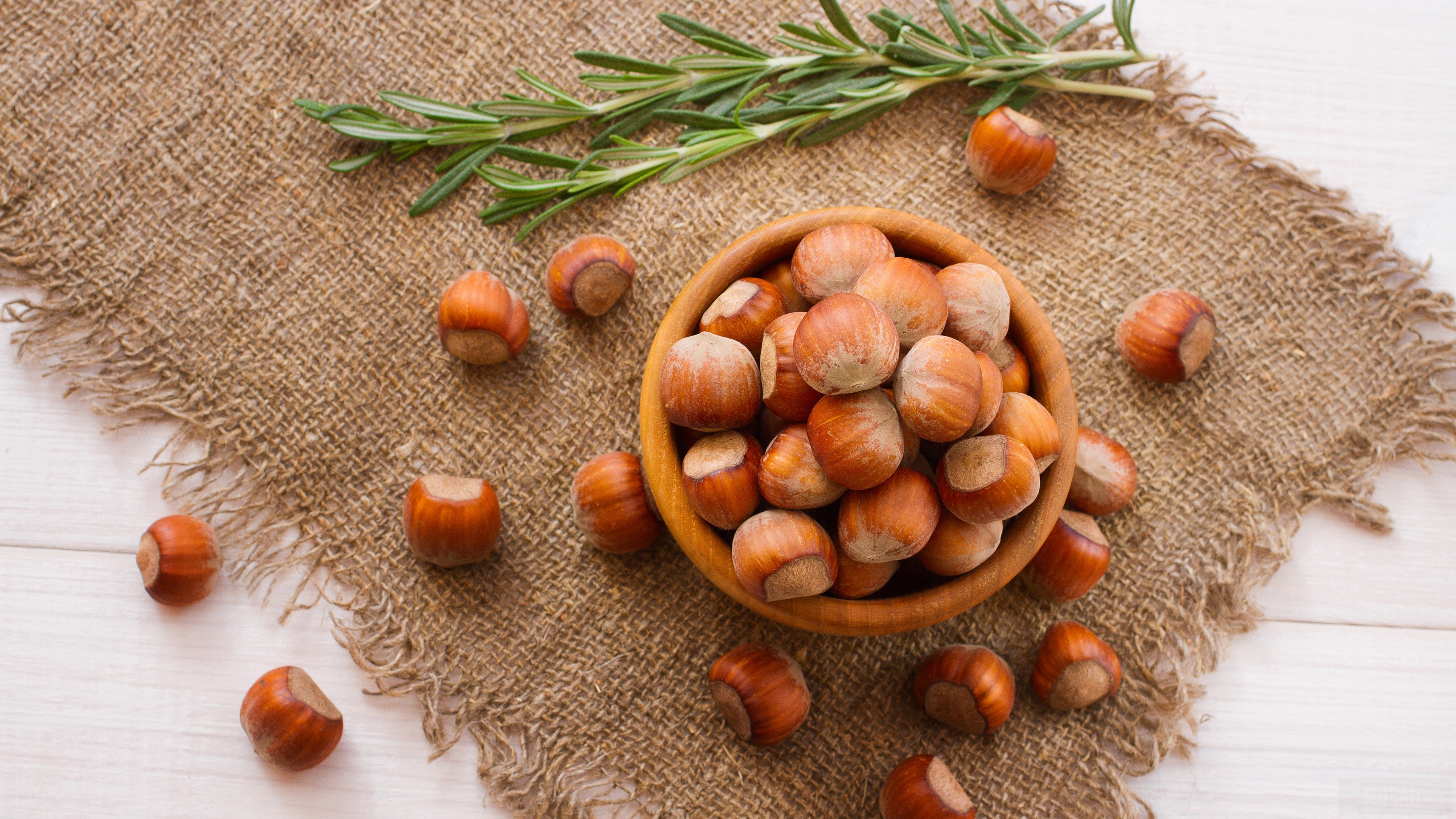 Hazelnuts in a bowl with rosemary 4K HD Wallpaper