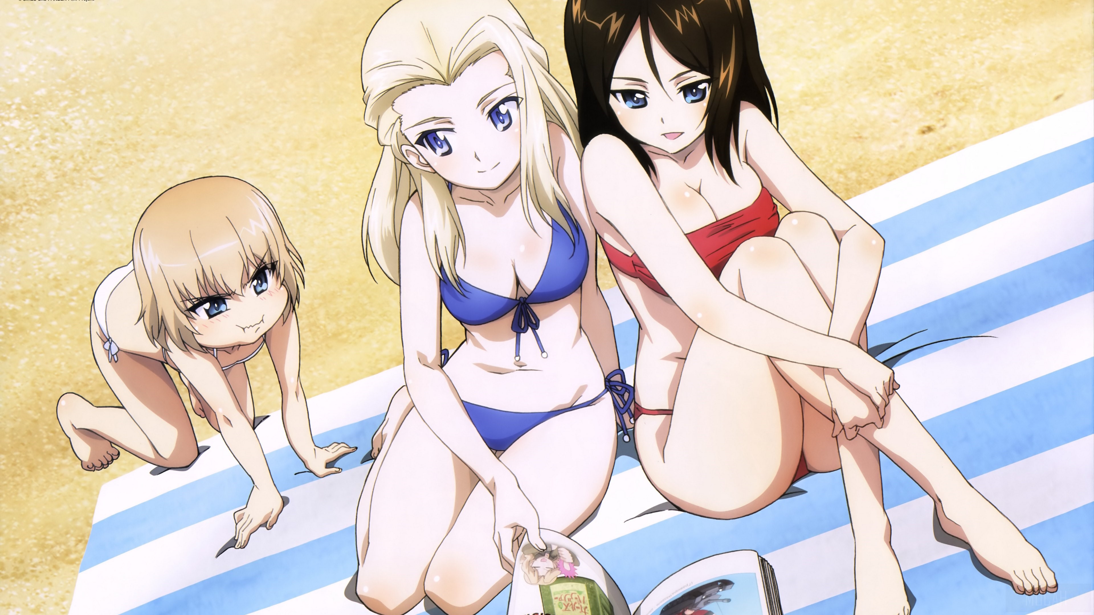 Three Girls in Bikinis Relaxing on Beach Towel 4K HD Wallpaper