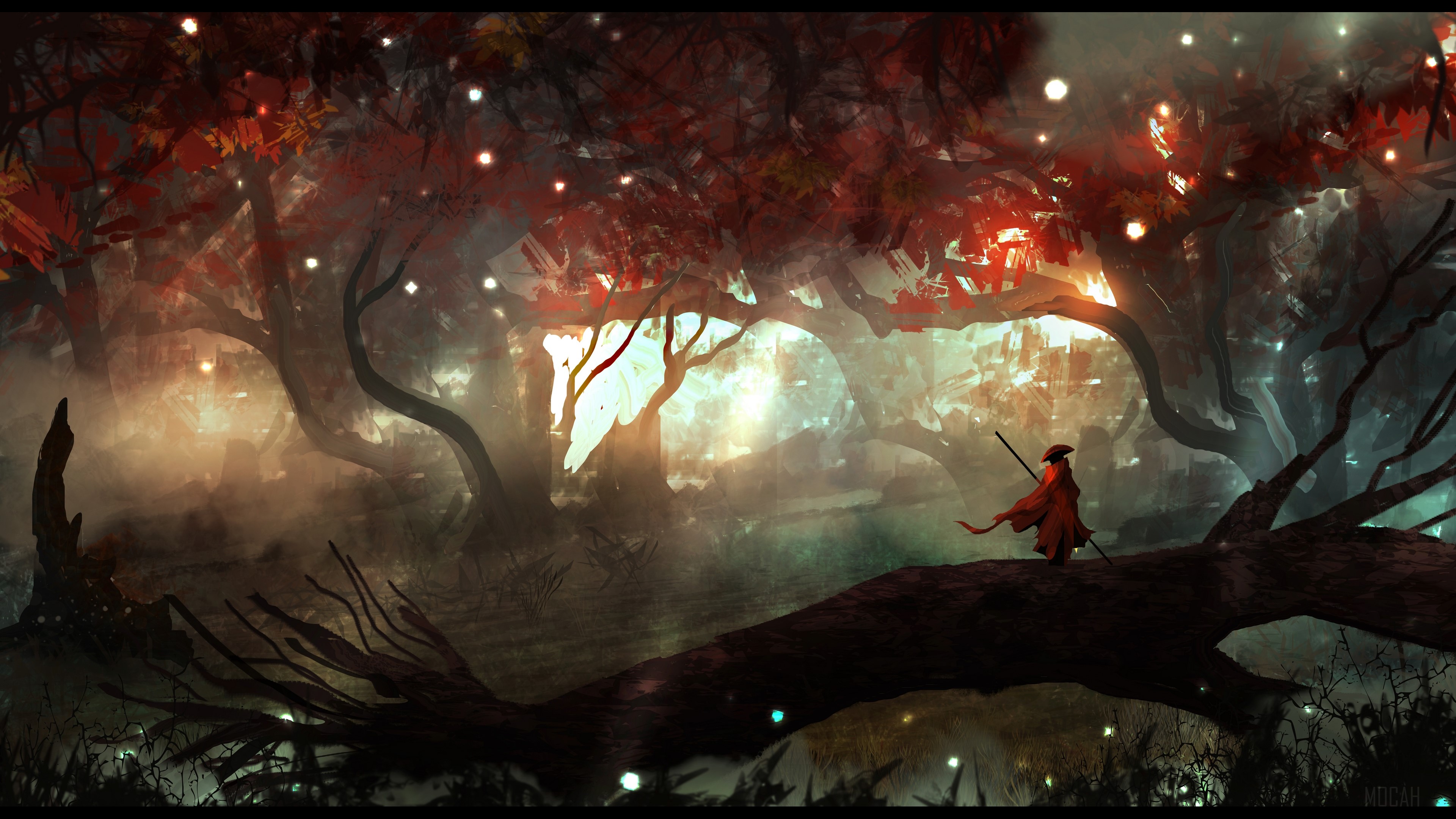 Person in red walking on a fallen tree in a forest HD Wallpaper