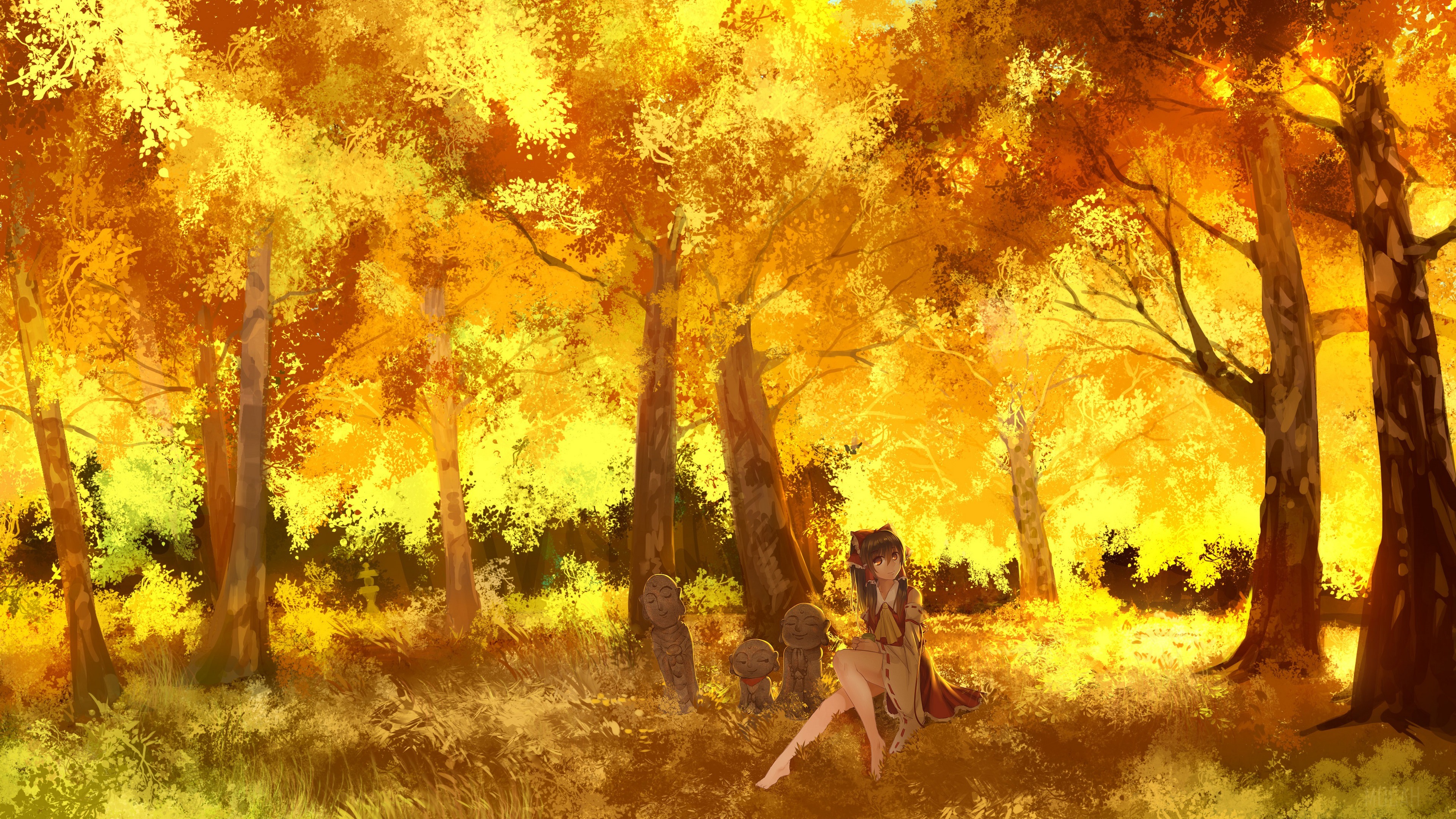 Reimu Hakurei in autumn forest 4K HD Wallpaper