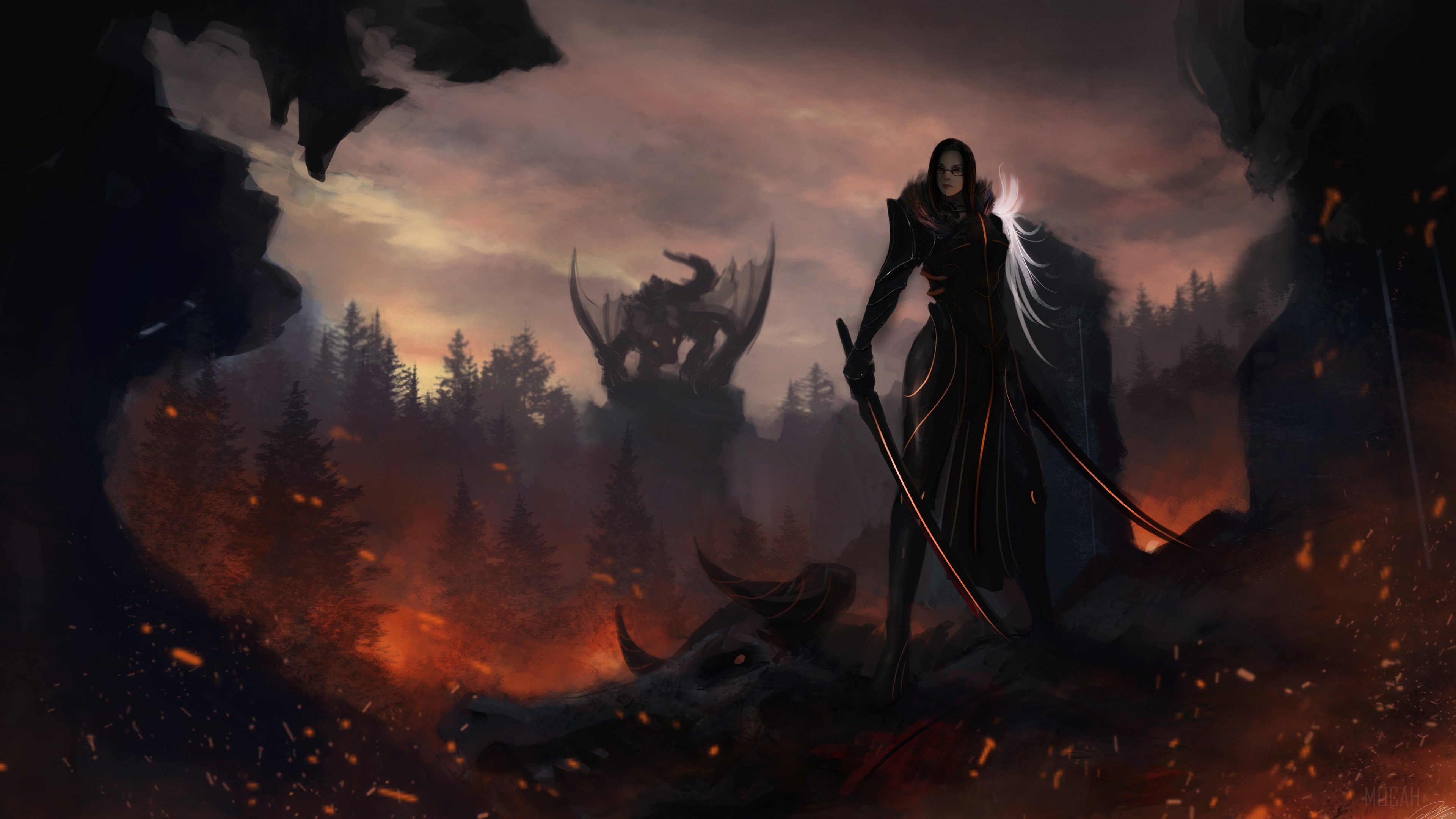 Woman with swords and dragons in a fiery forest HD Wallpaper