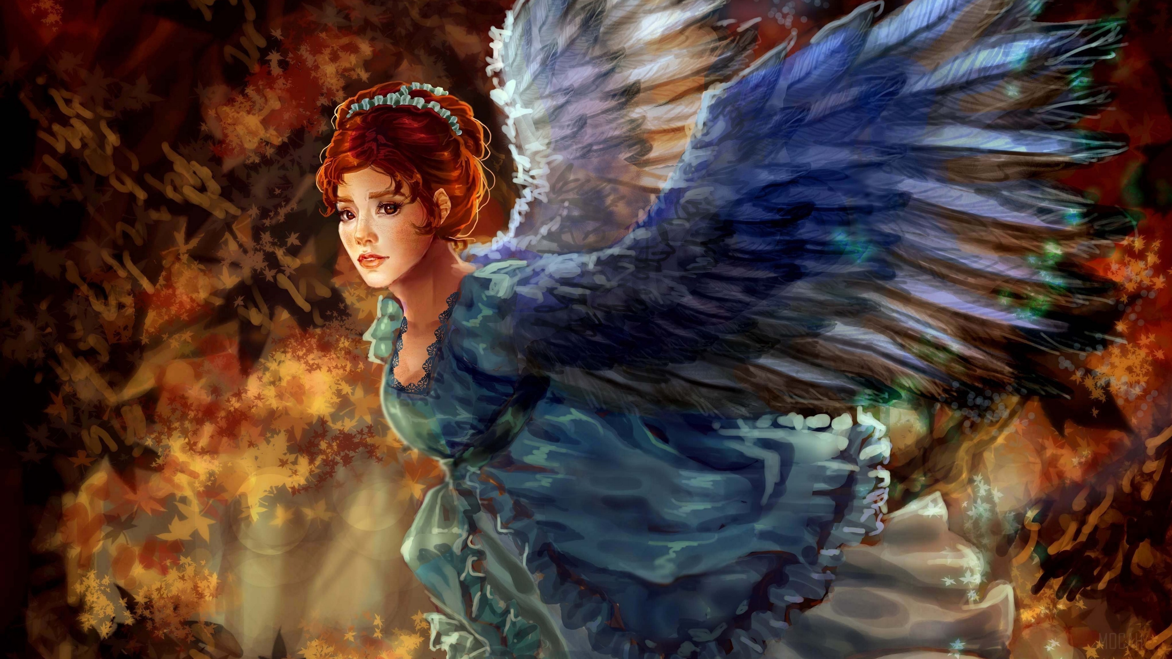 Angel with blue wings and red hair 4K HD Wallpaper