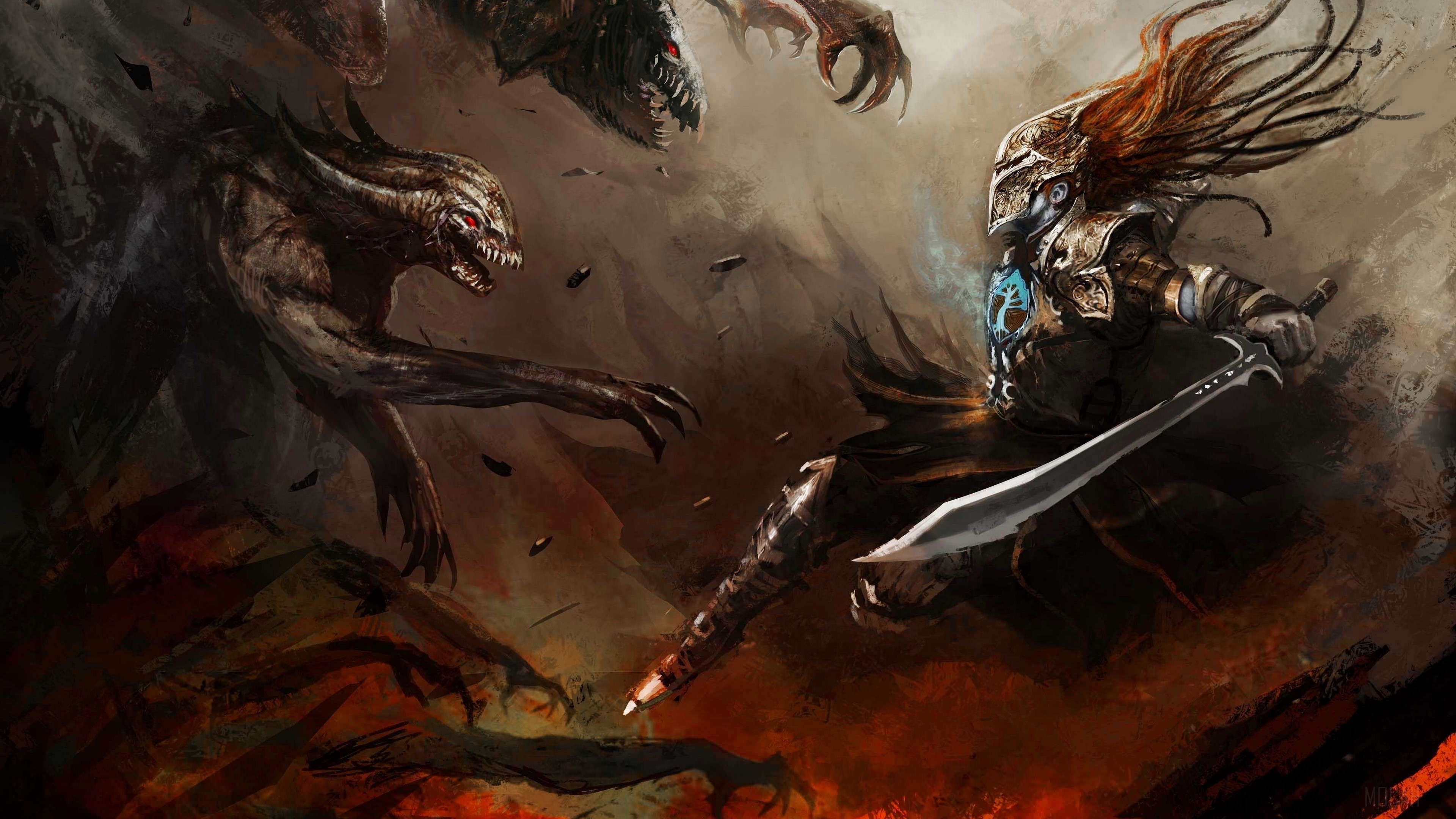 Warrior fighting monsters HD Wallpaper