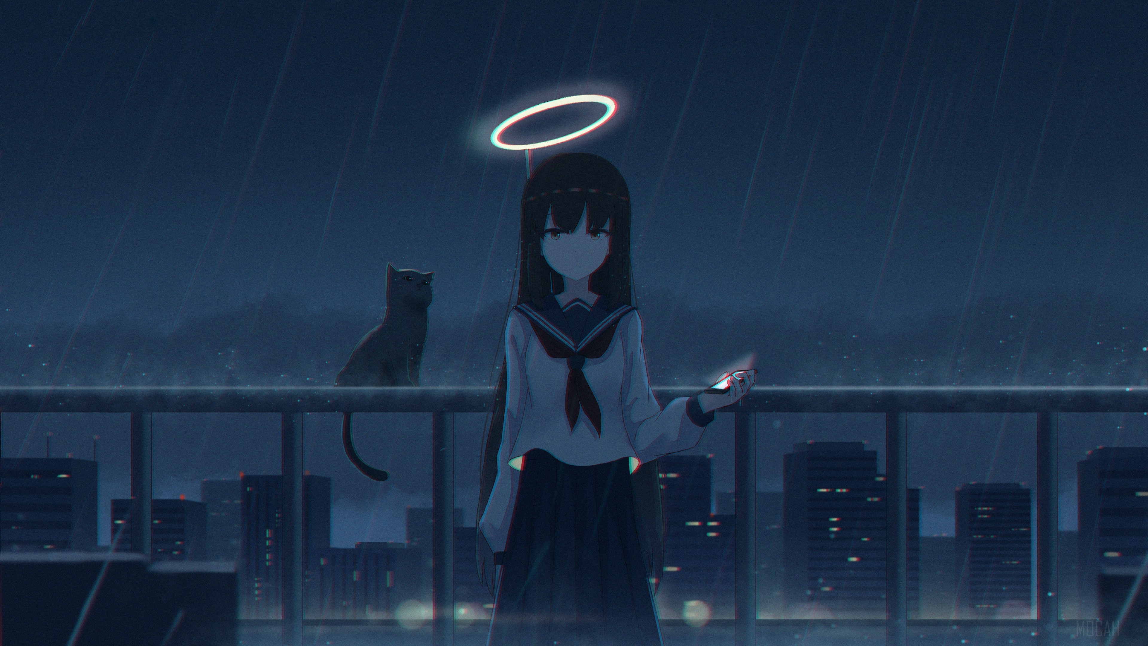 Girl with Halo and Cat in the Rain 4K HD Wallpaper
