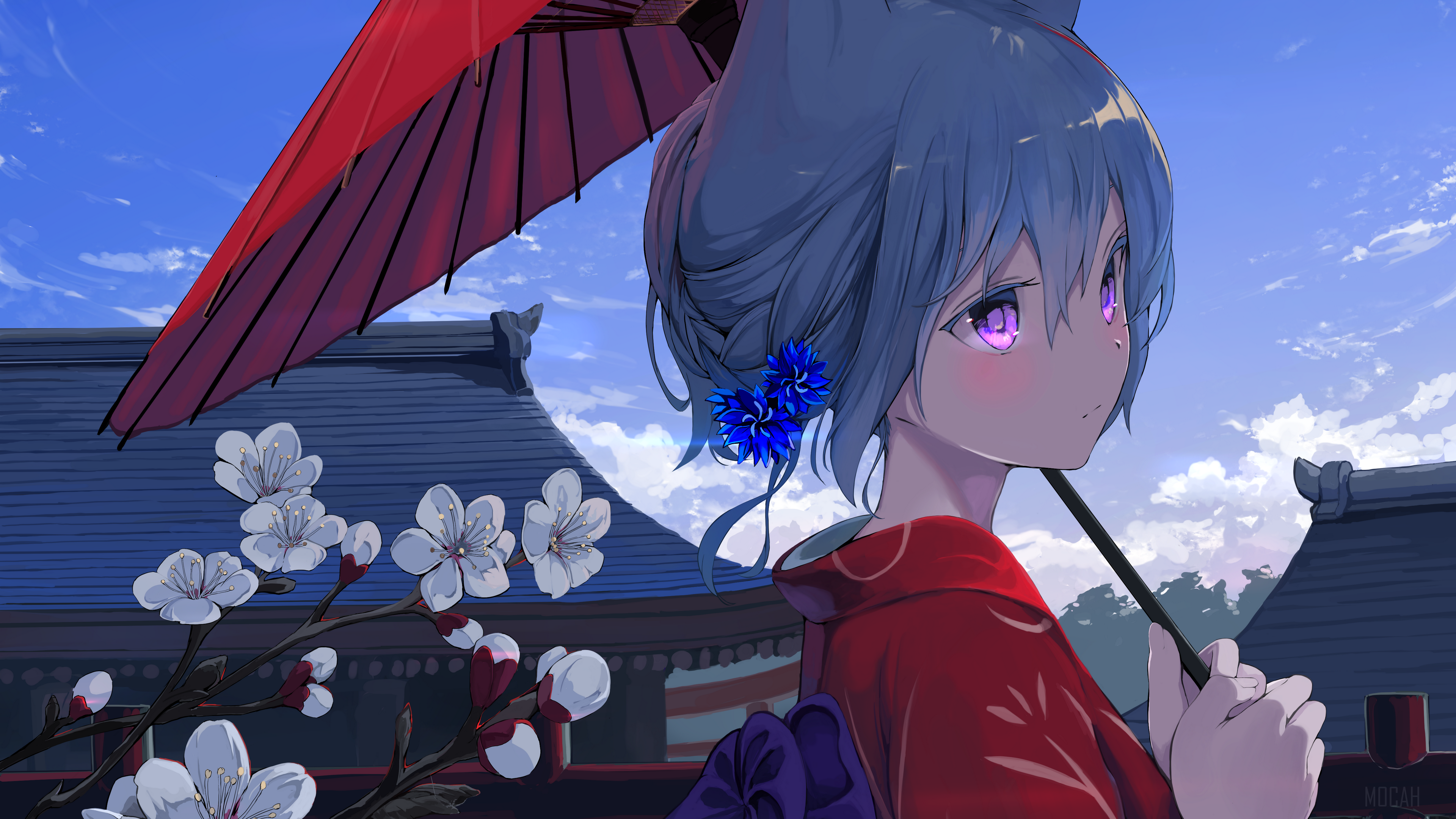 Girl in Kimono with Umbrella and Flowers 4K HD Wallpaper
