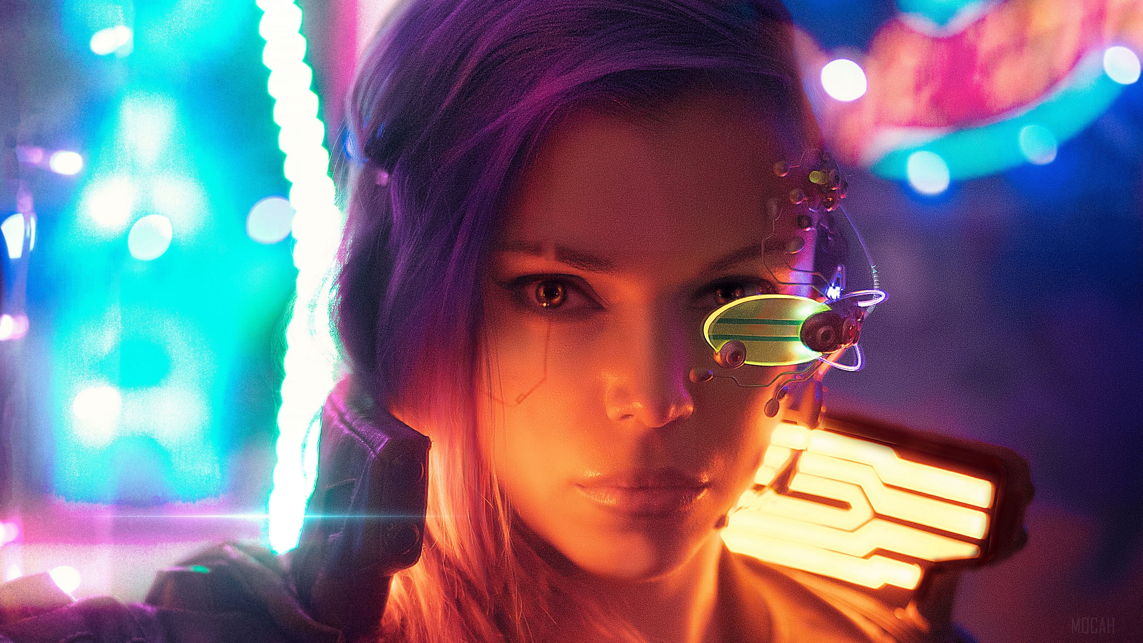 Cyberpunk woman with purple hair and cybernetic eye HD Wallpaper
