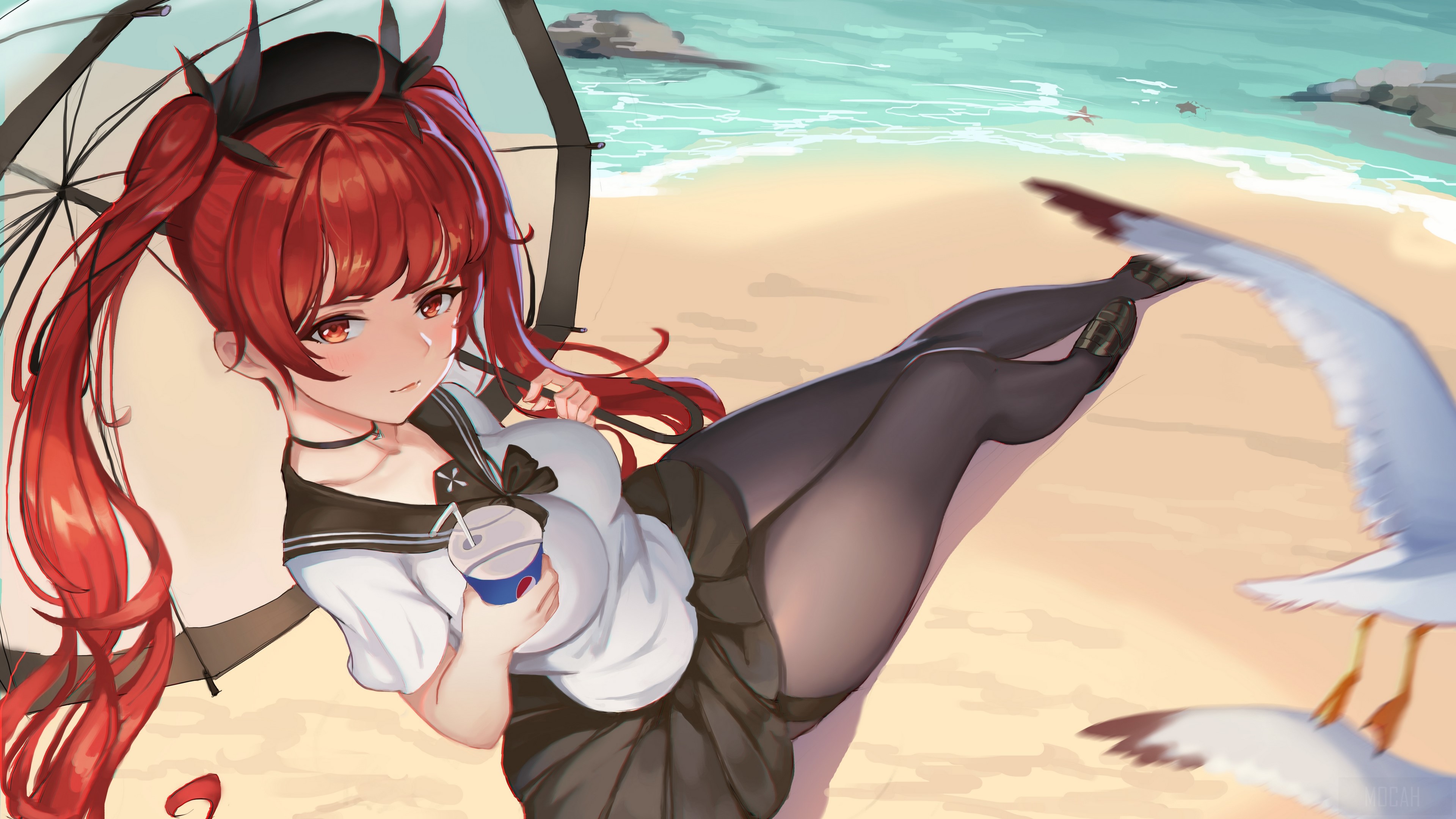 Red-Haired Girl with Umbrella on Honolulu Beach 4K HD Wallpaper
