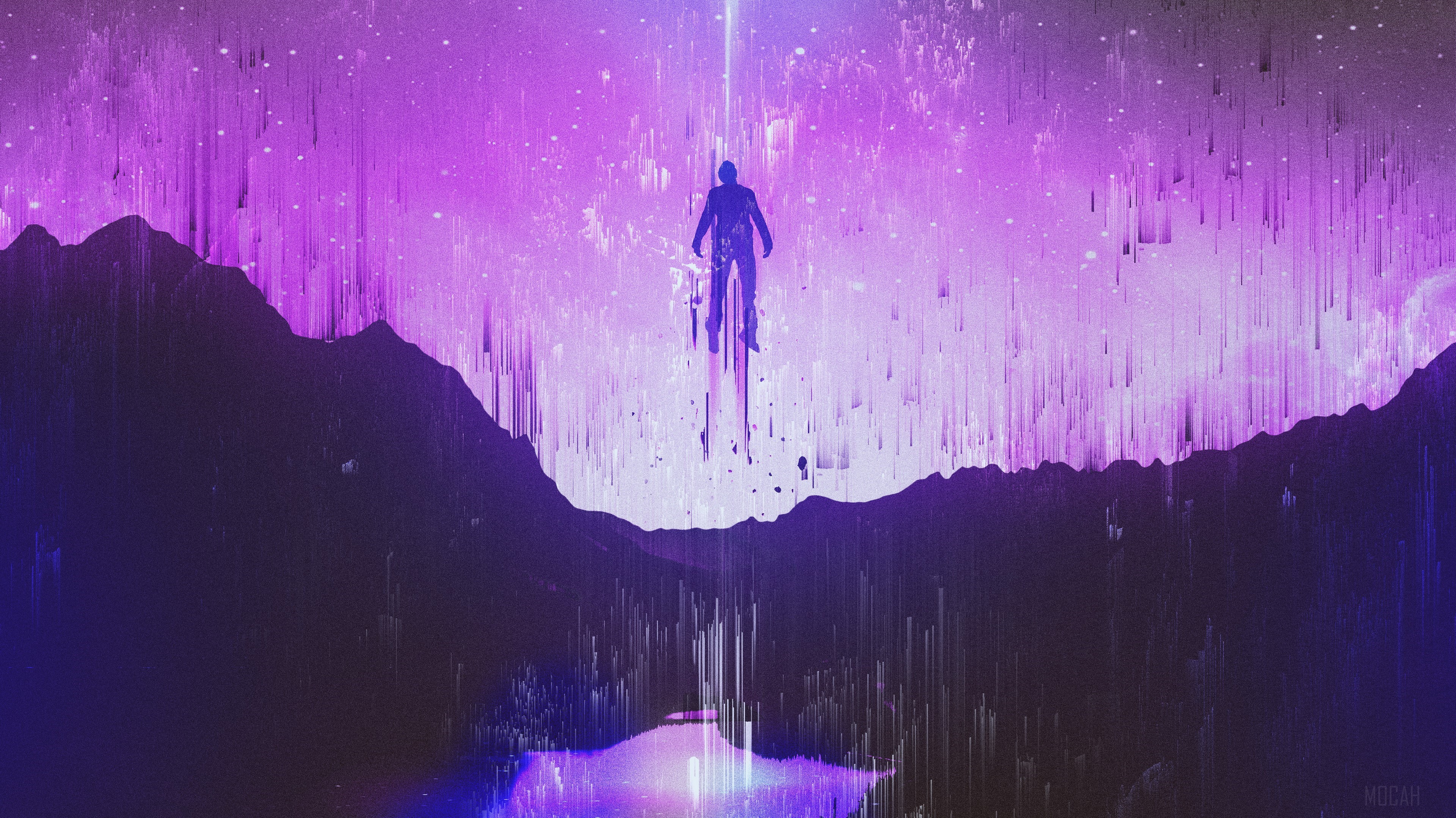Man levitating in a glitch art landscape 4K HD Wallpaper