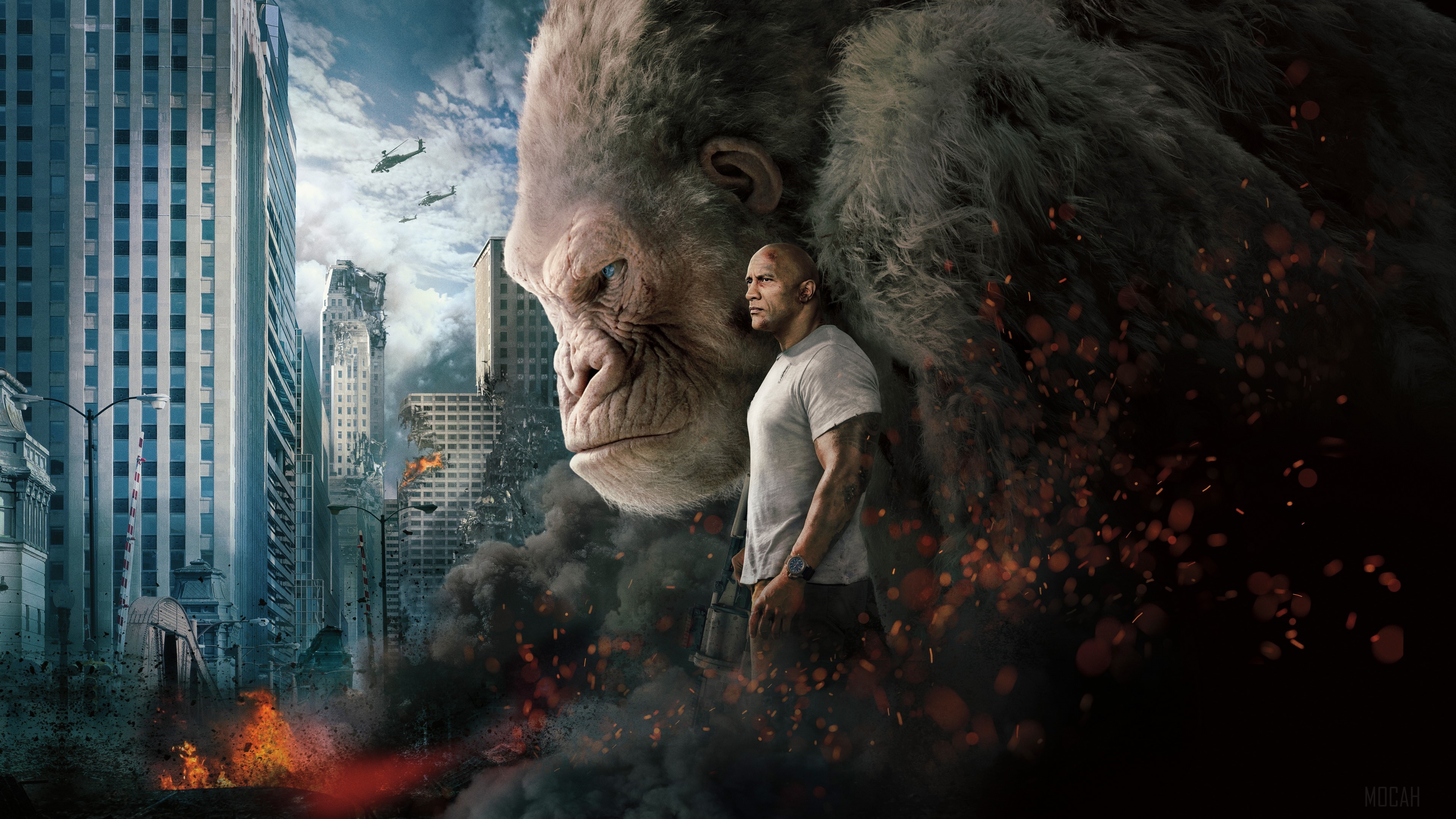 Dwayne Johnson and Giant Ape in Destroyed City 4K HD Wallpaper