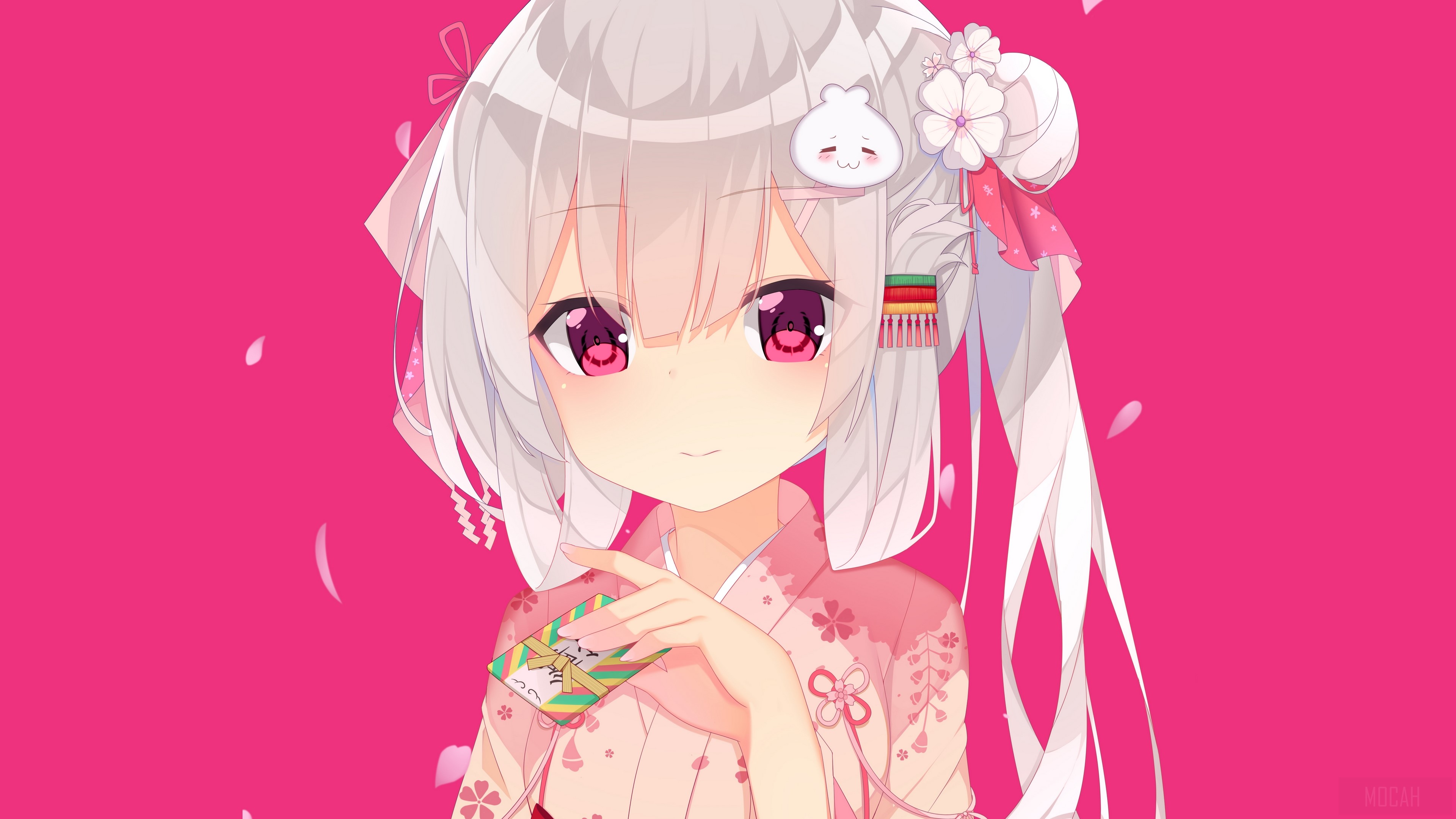 Anime girl in kimono with flower hair accessory HD Wallpaper