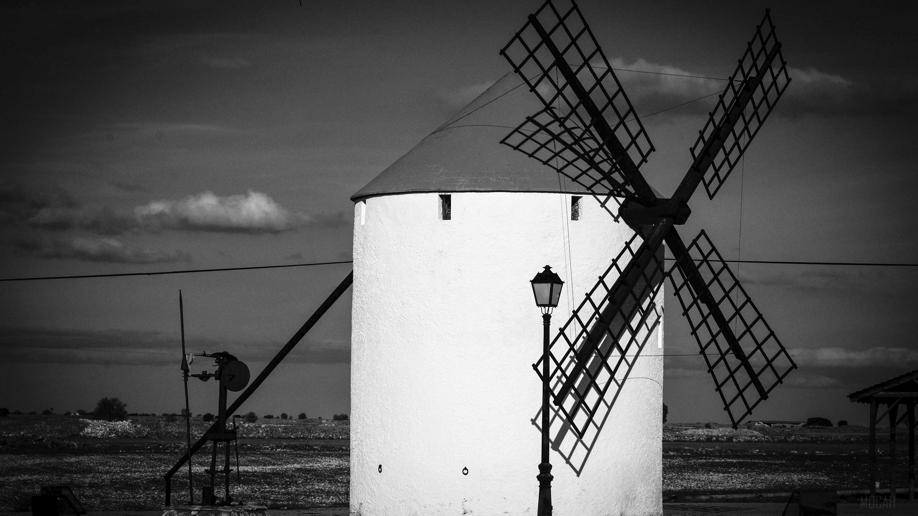 Windmill with Lamp Post in Albacete, Castilla la Mancha, Spain 4K HD Wallpaper