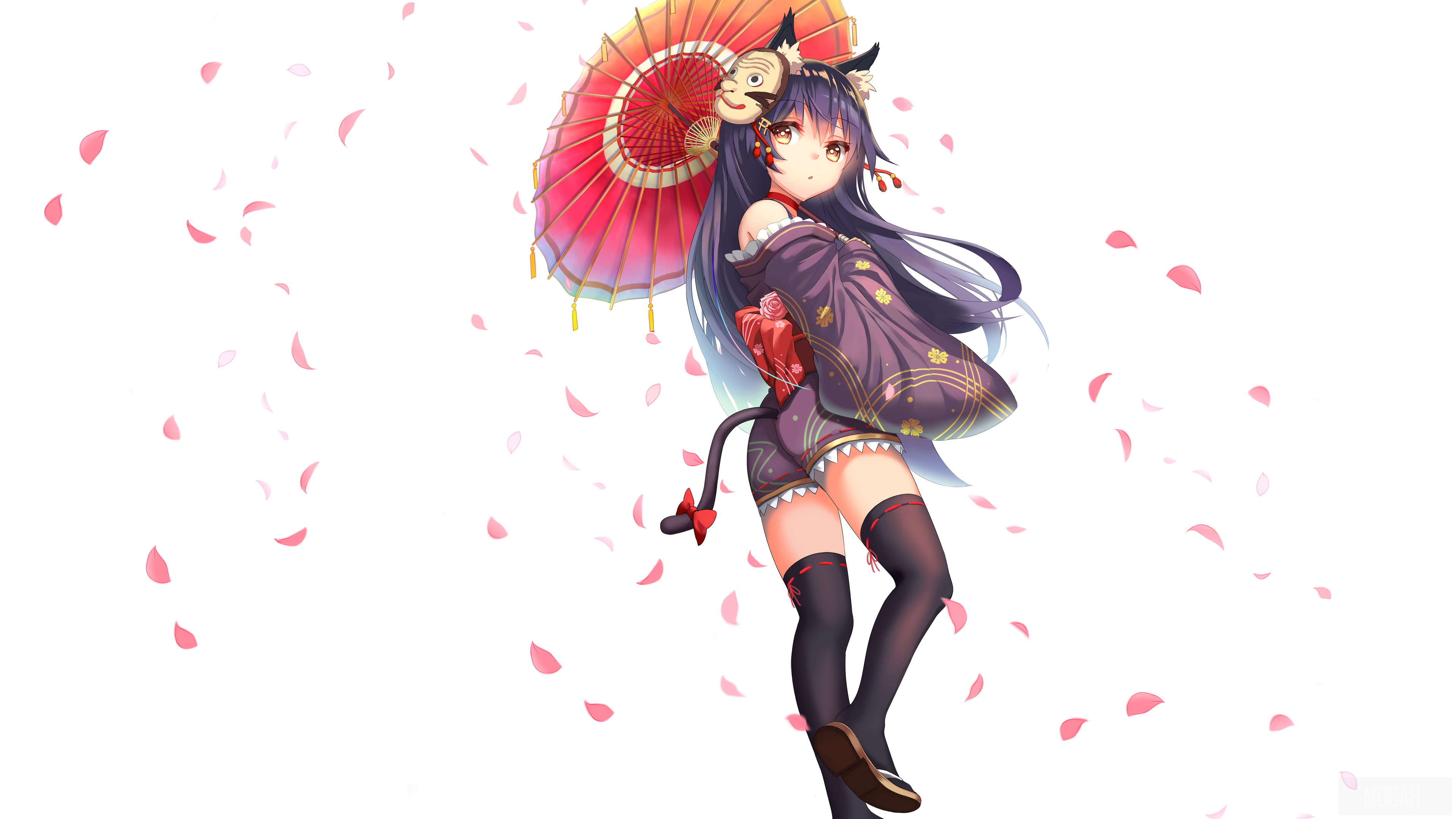 Anime girl with cat ears and umbrella HD Wallpaper