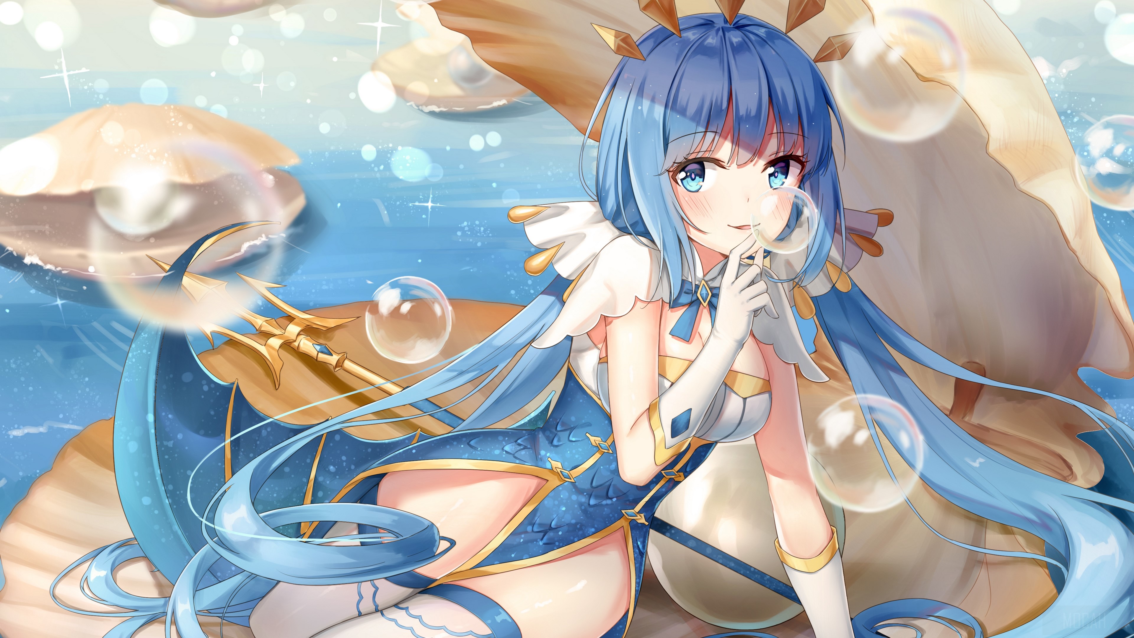 Girl with Blue Hair and Crown in a Seashell 4K HD Wallpaper